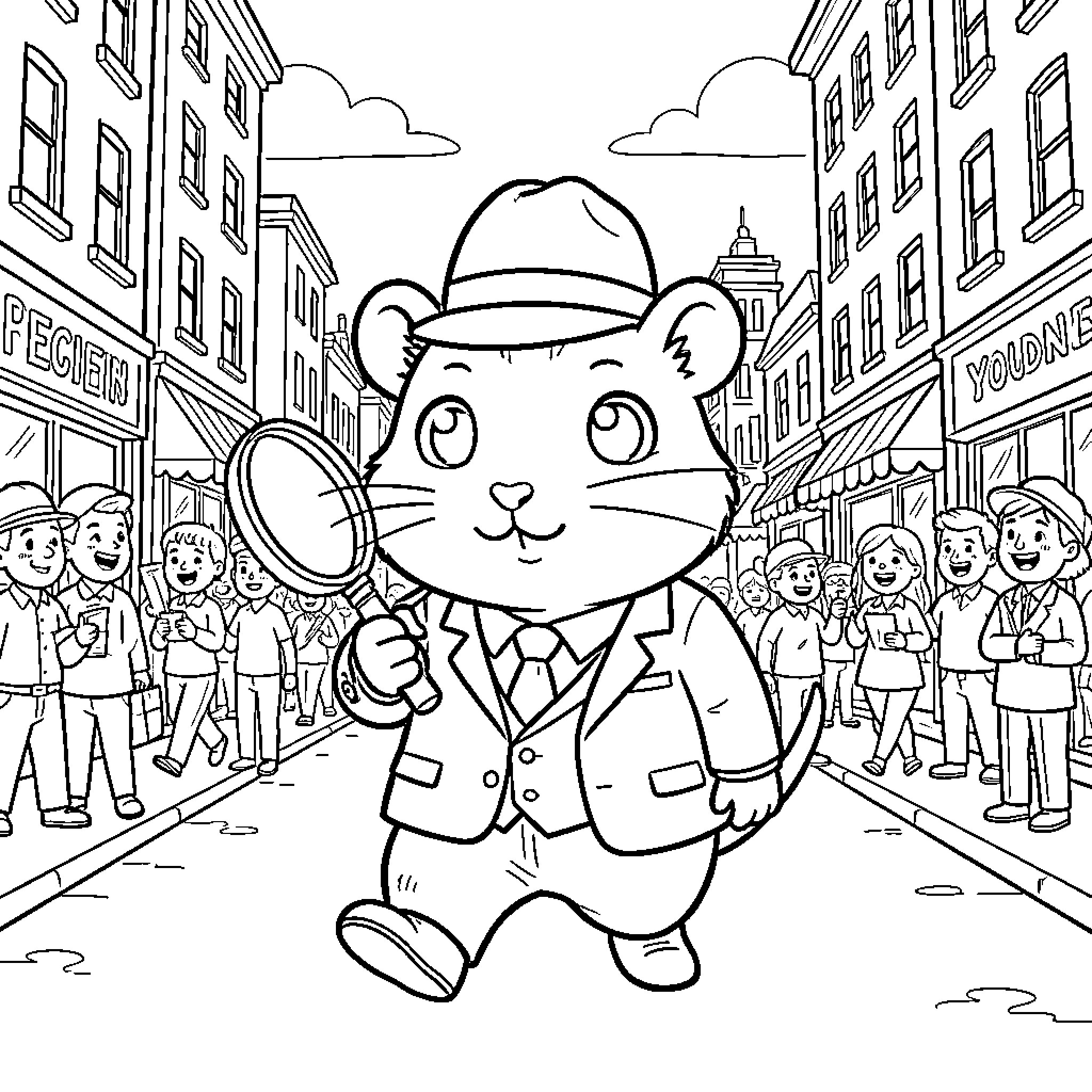 Hamster detective wearing a hat and holding a magnifying glass Coloring Page (free black-and-white line drawing printable PDF for all, from beginners to advanced learners, including children, teens, adults, and seniors)