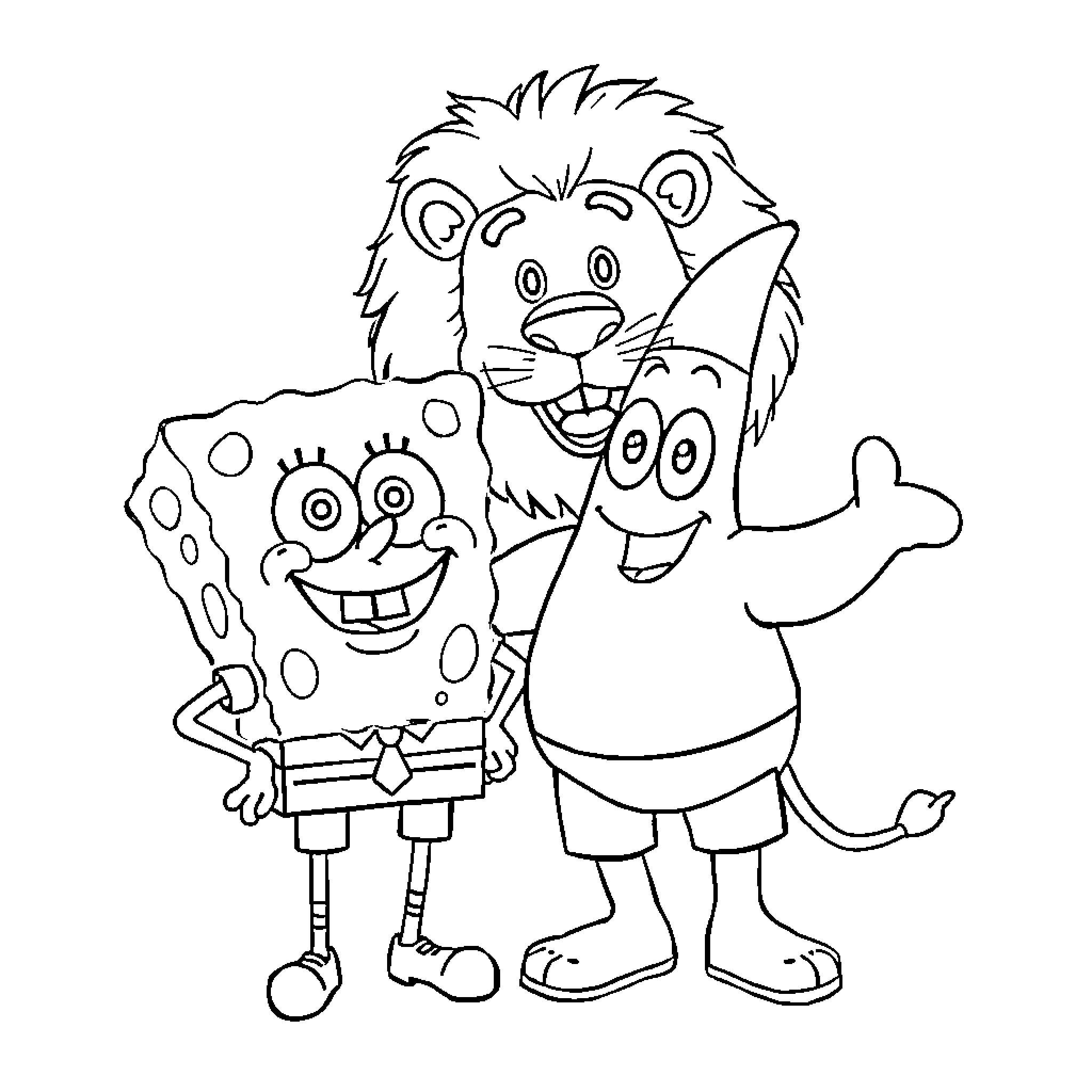 Lion, Spongebob, and Gary the Snail happily together Coloring Page (free black-and-white line drawing printable PDF for all, from beginners to advanced learners, including children, teens, adults, and seniors)