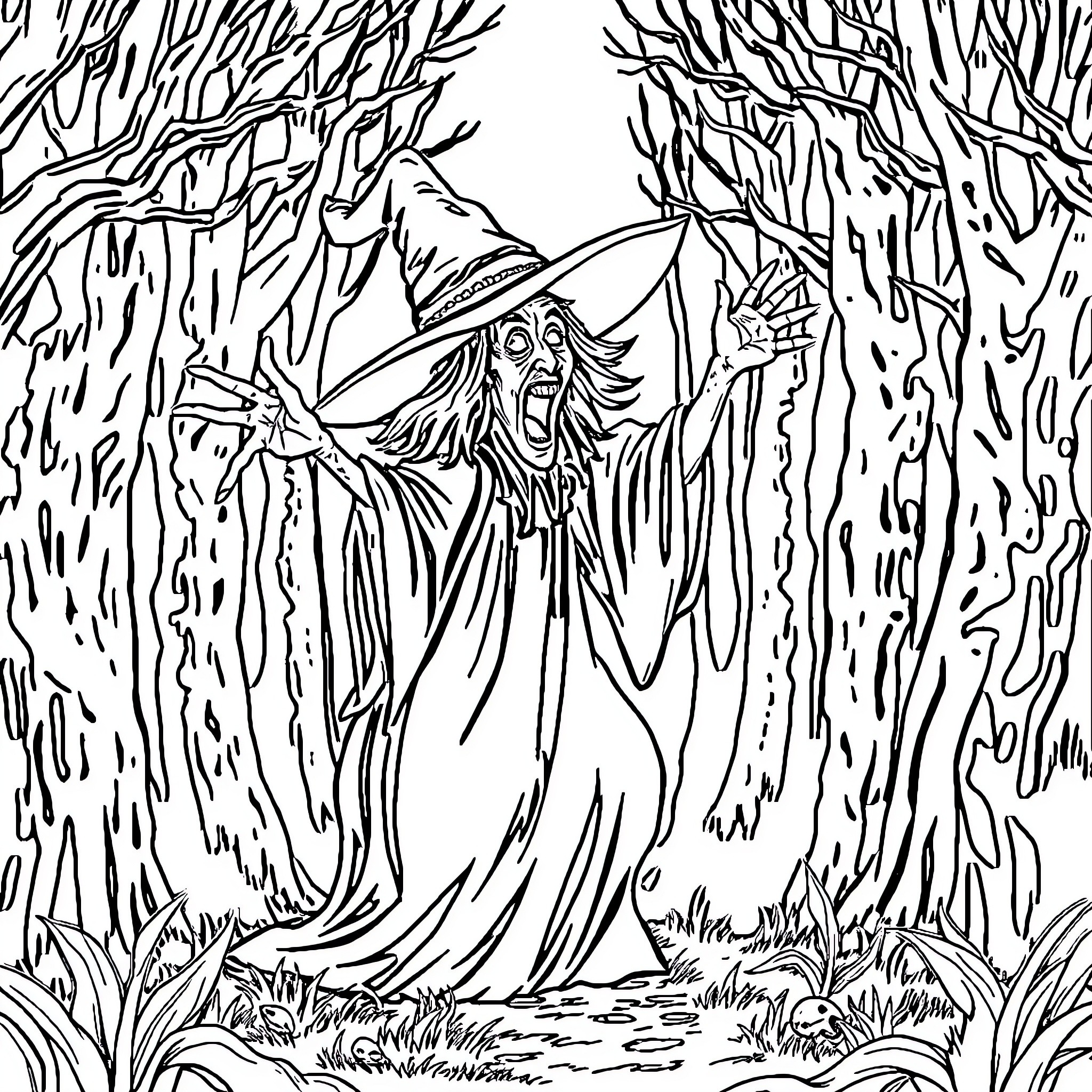 Wicked Witch Casts Spells in Haunted Forest Coloring Page (free black-and-white line drawing printable PDF for all, from beginners to advanced learners, including children, teens, adults, and seniors)