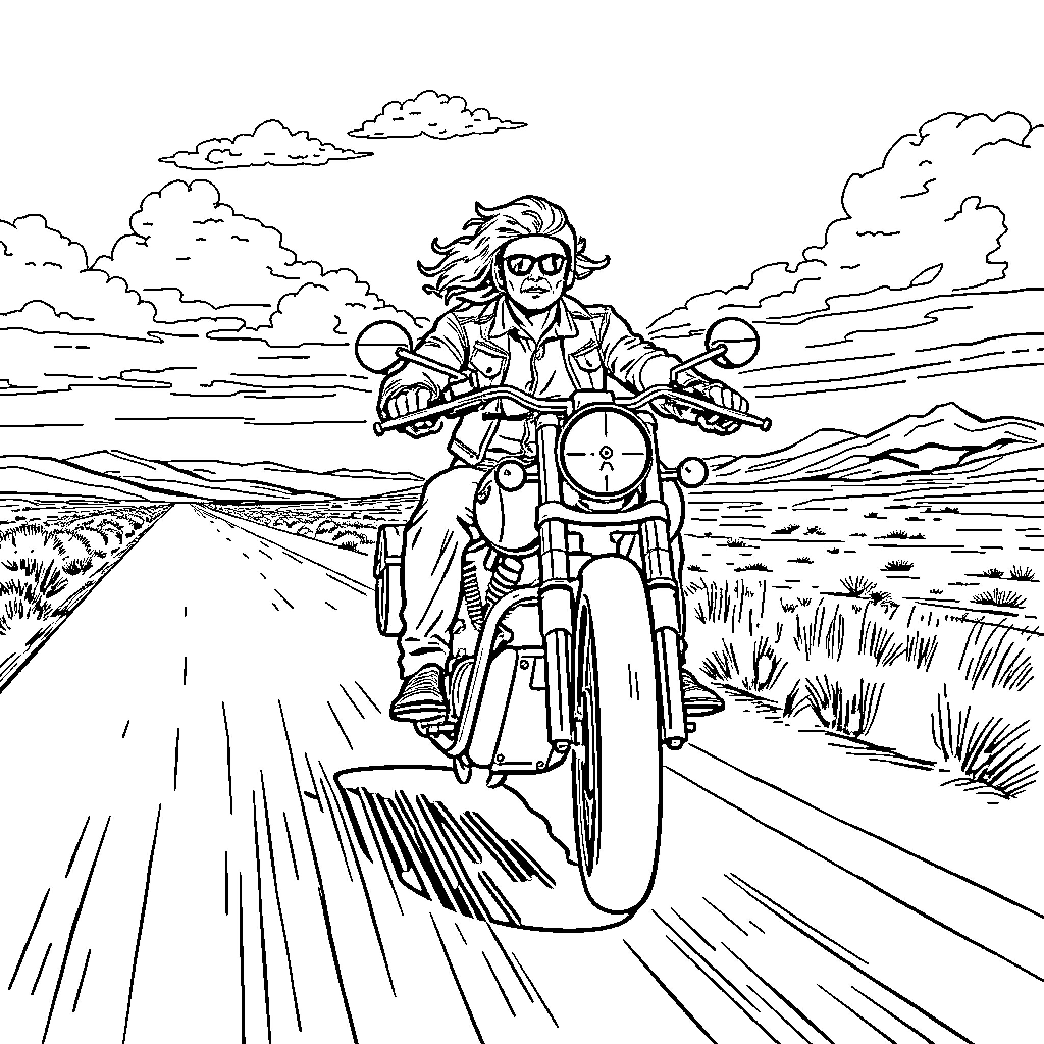 Biker traversing scenic country road Coloring Page (free black-and-white line drawing printable PDF for all, from beginners to advanced learners, including children, teens, adults, and seniors)