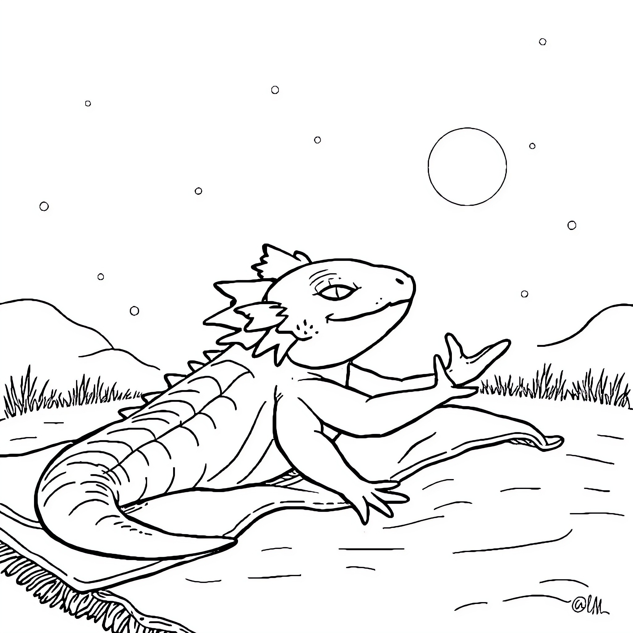 Axolotl exploring a natural setting Coloring Page (free black-and-white line drawing printable PDF for all, from beginners to advanced learners, including children, teens, adults, and seniors)