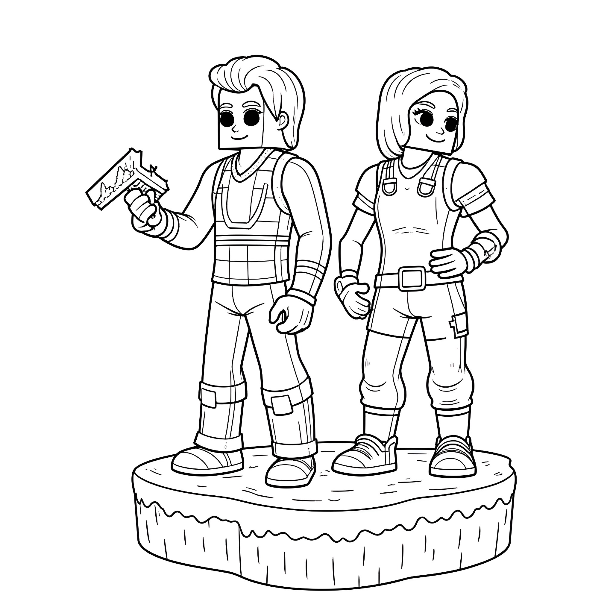 Minecraft characters in action poses Coloring Page (free black-and-white line drawing printable PDF for all, from beginners to advanced learners, including children, teens, adults, and seniors)