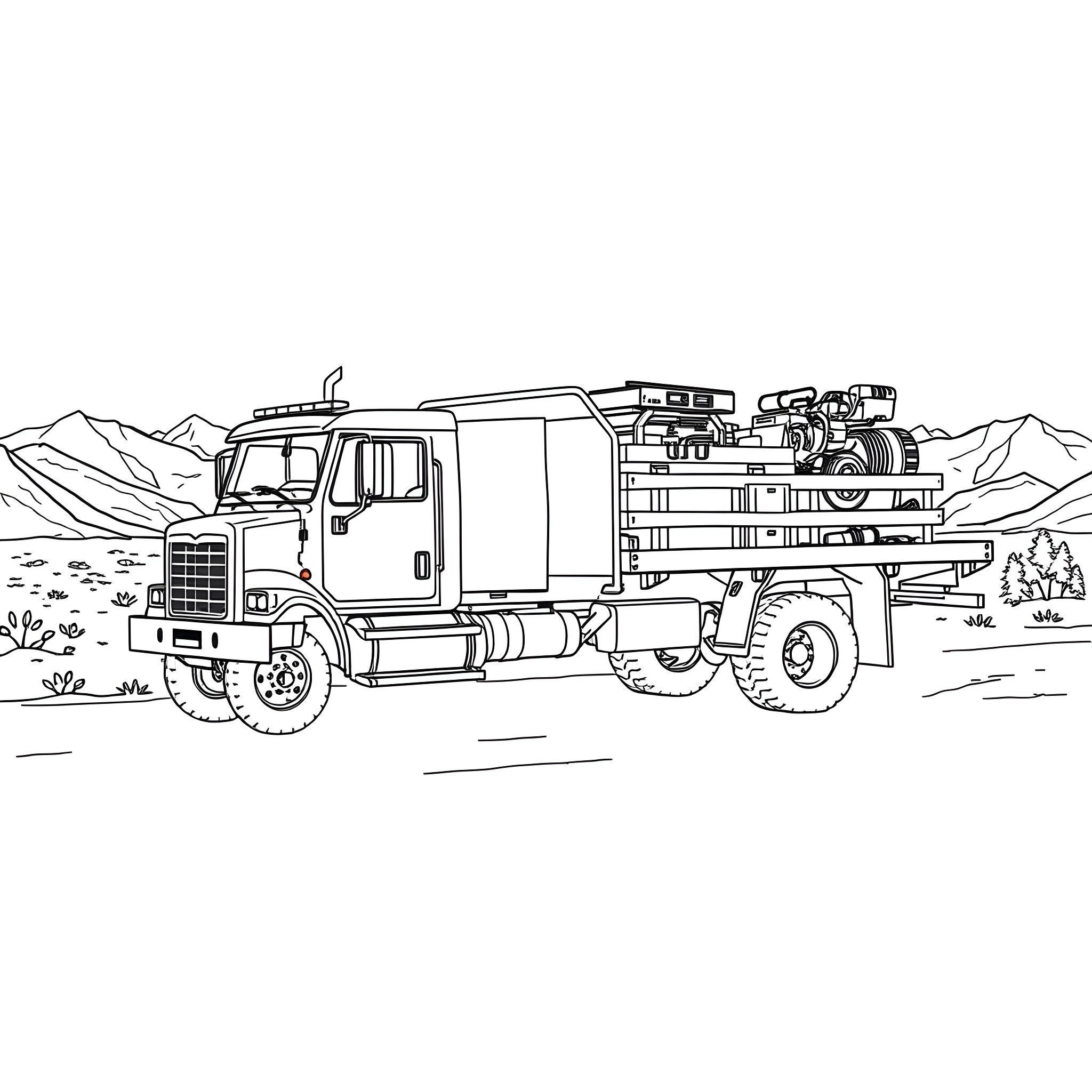 Flat Bed Truck Transporting Construction Equipment Coloring Page (free black-and-white line drawing printable PDF for all, from beginners to advanced learners, including children, teens, adults, and seniors)