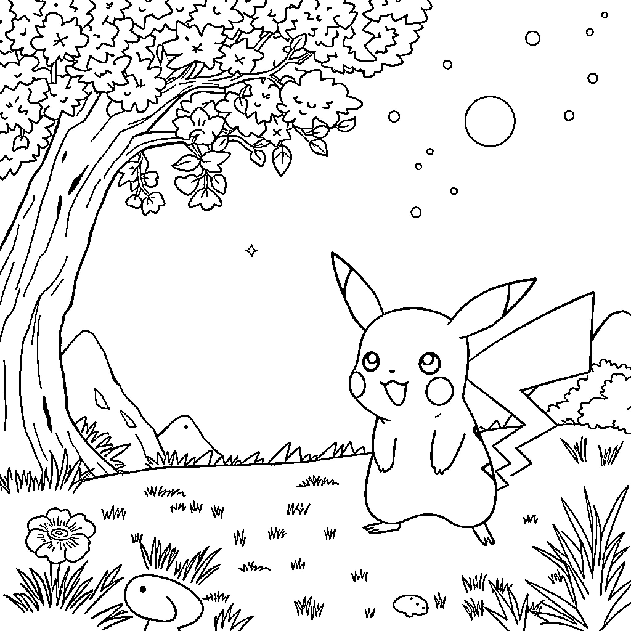 Ash Ketchum and Pikachu exploring a colorful forest Coloring Page (free black-and-white line drawing printable PDF for all, from beginners to advanced learners, including children, teens, adults, and seniors)