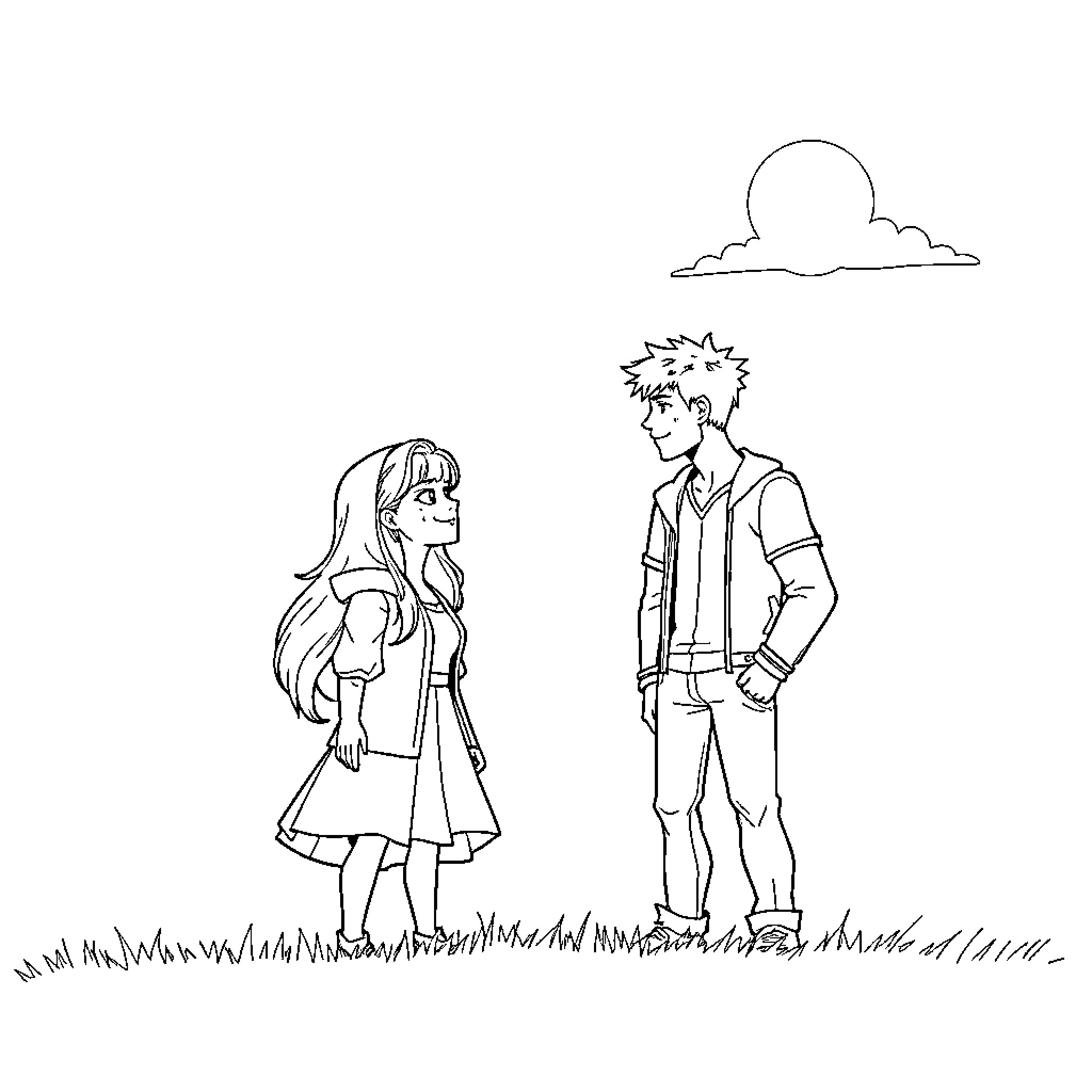 Fyera and Rhysnd in a lighthearted scene Coloring Page (free black-and-white line drawing printable PDF for all, from beginners to advanced learners, including children, teens, adults, and seniors)