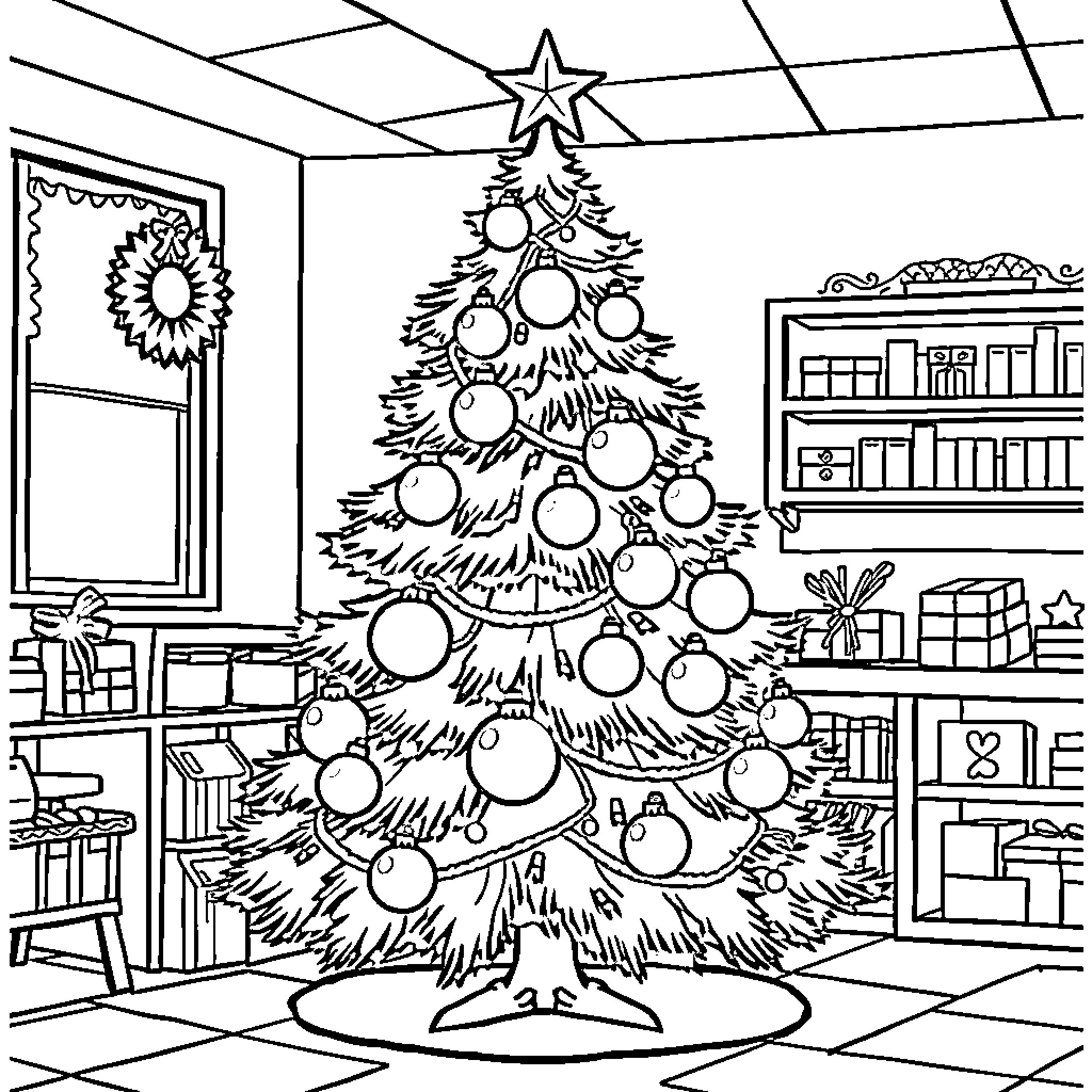 Christmas Tree Decorated with Ornaments in Cozy Room Coloring Page (free black-and-white line drawing printable PDF for all, from beginners to advanced learners, including children, teens, adults, and seniors)