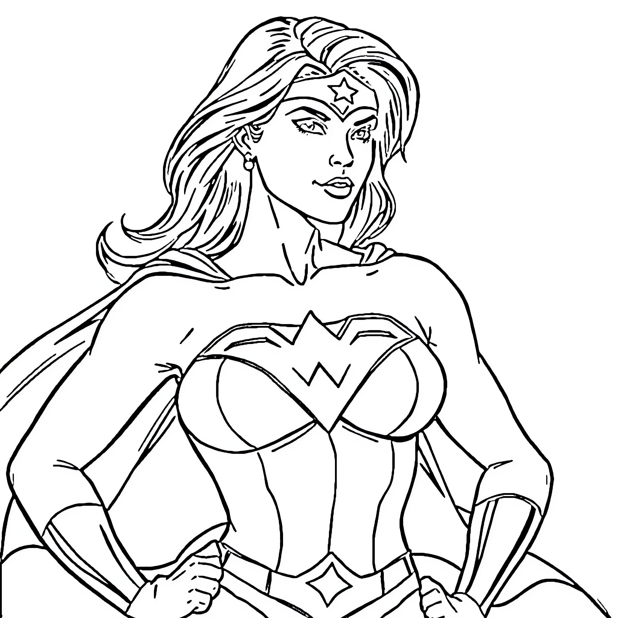 Superwoman in heroic pose and costume Coloring Page (free black-and-white line drawing printable PDF for all, from beginners to advanced learners, including children, teens, adults, and seniors)