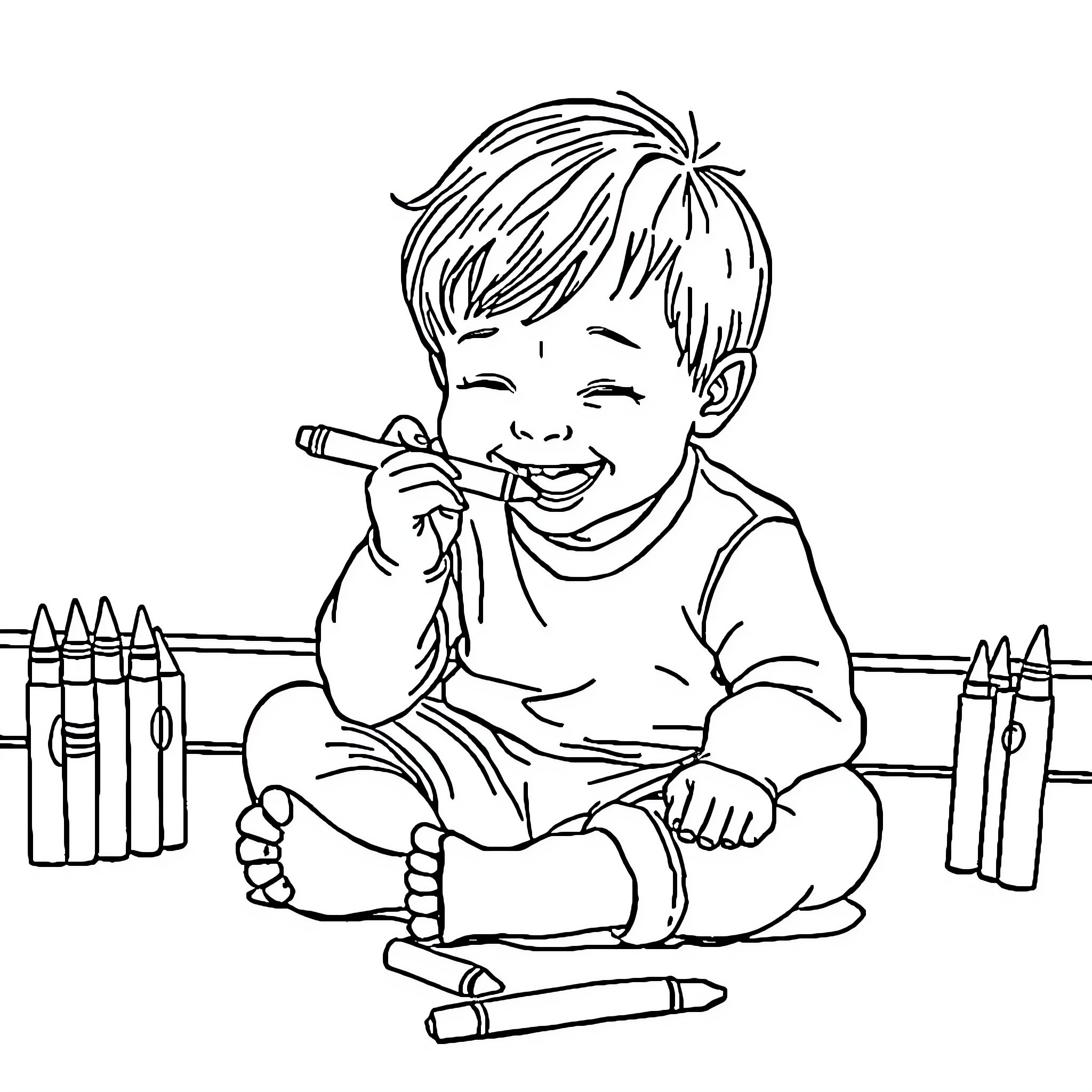 Child happily coloring with crayons Coloring Page (free black-and-white line drawing printable PDF for all, from beginners to advanced learners, including children, teens, adults, and seniors)