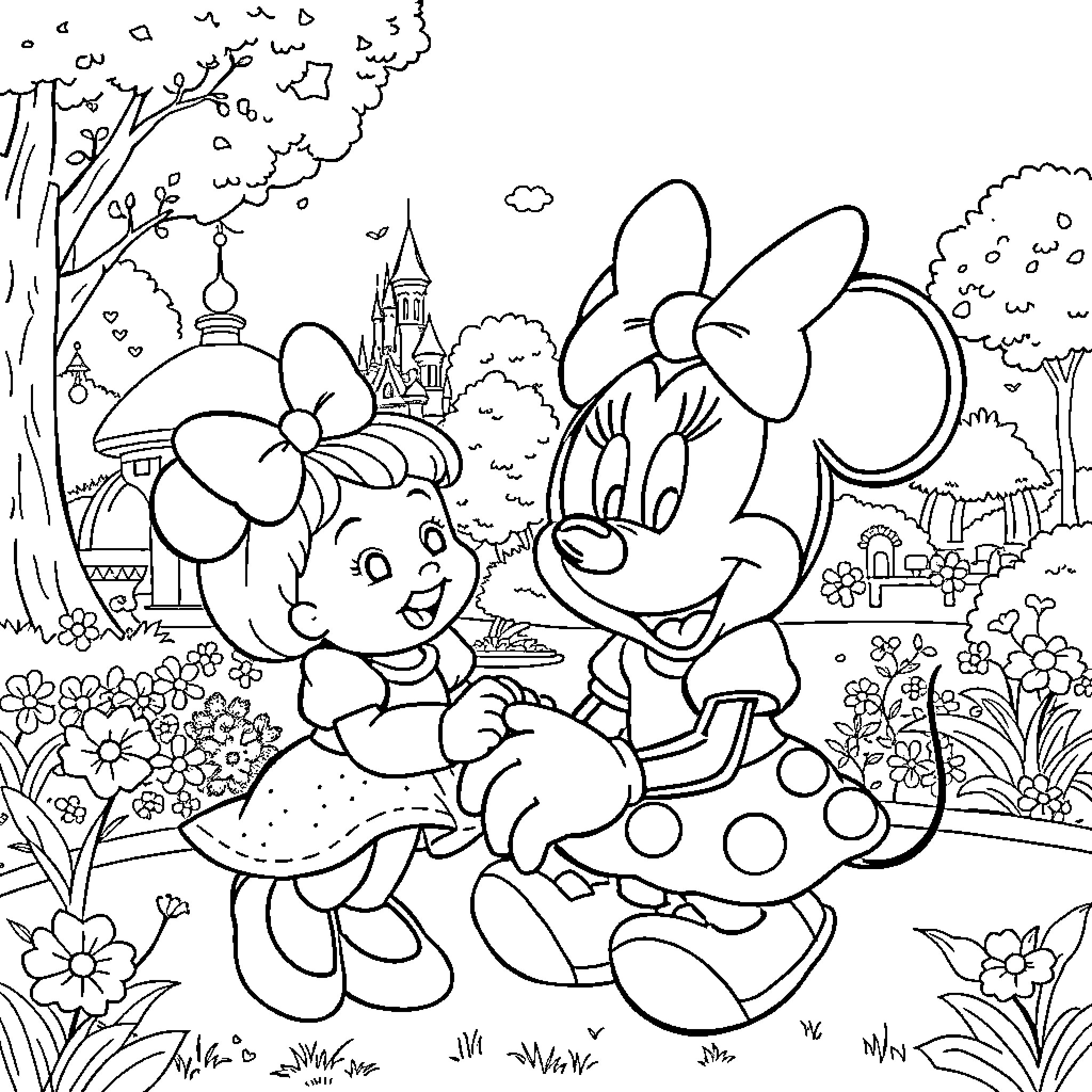 Minnie and a friend explore the magical garden Coloring Page (free black-and-white line drawing printable PDF for all, from beginners to advanced learners, including children, teens, adults, and seniors)