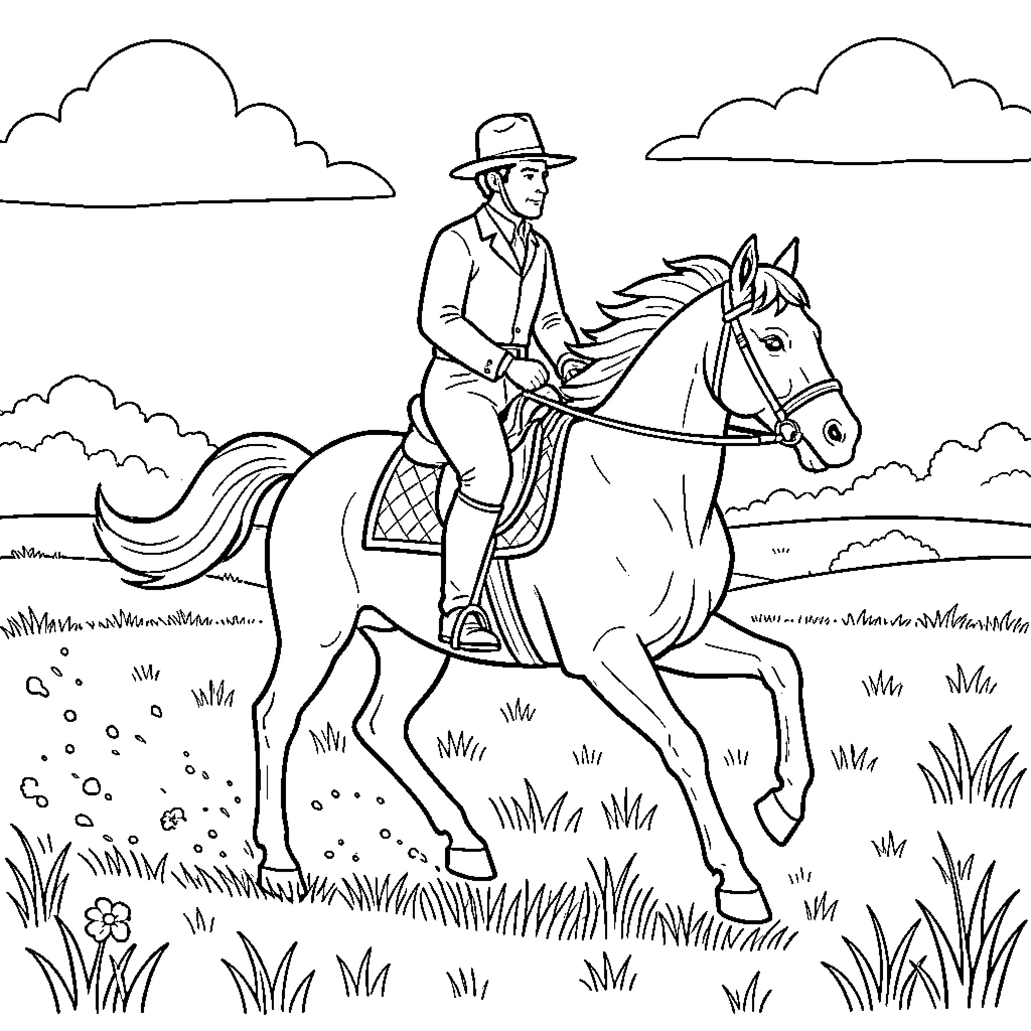 Cavalier riding a horse through a grassy field Coloring Page (free black-and-white line drawing printable PDF for all, from beginners to advanced learners, including children, teens, adults, and seniors)