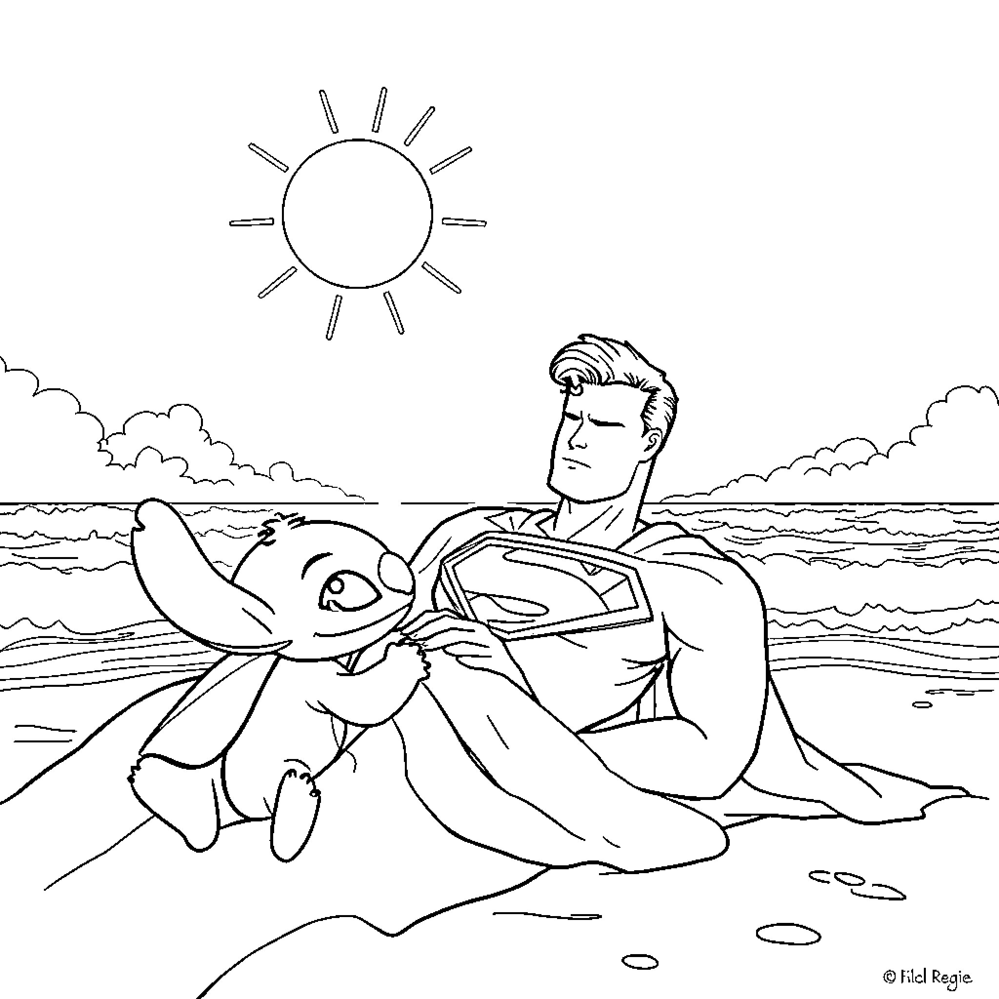 Stitch and Superman relax on the beach Coloring Page (free black-and-white line drawing printable PDF for all, from beginners to advanced learners, including children, teens, adults, and seniors)
