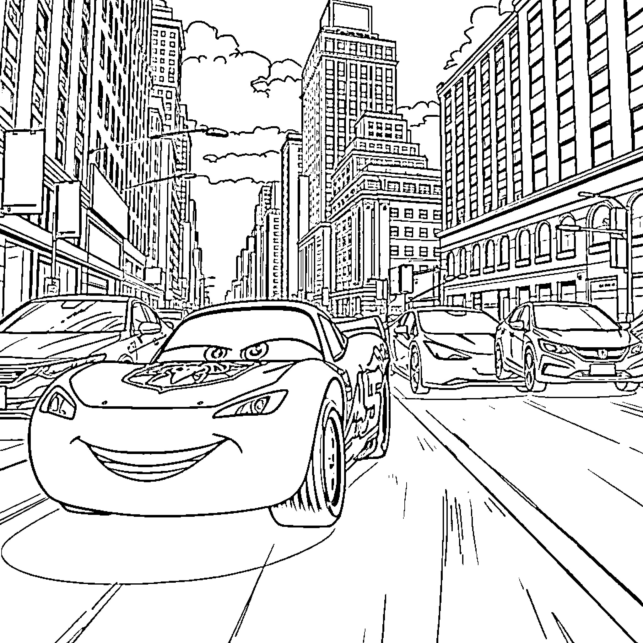 Lightning McQueen racing through the busy city streets Coloring Page (free black-and-white line drawing printable PDF for all, from beginners to advanced learners, including children, teens, adults, and seniors)