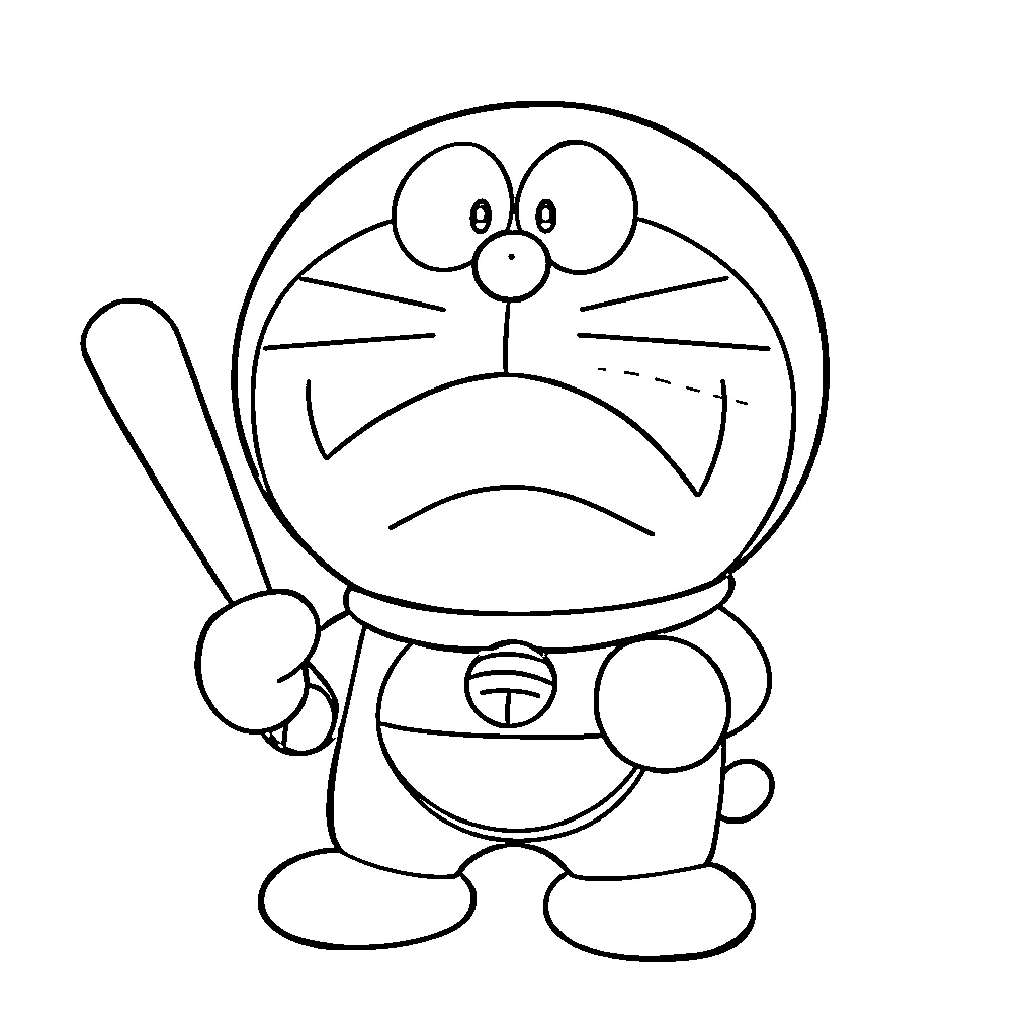 Doraemon holding a bat with a curious expression Coloring Page (free black-and-white line drawing printable PDF for all, from beginners to advanced learners, including children, teens, adults, and seniors)