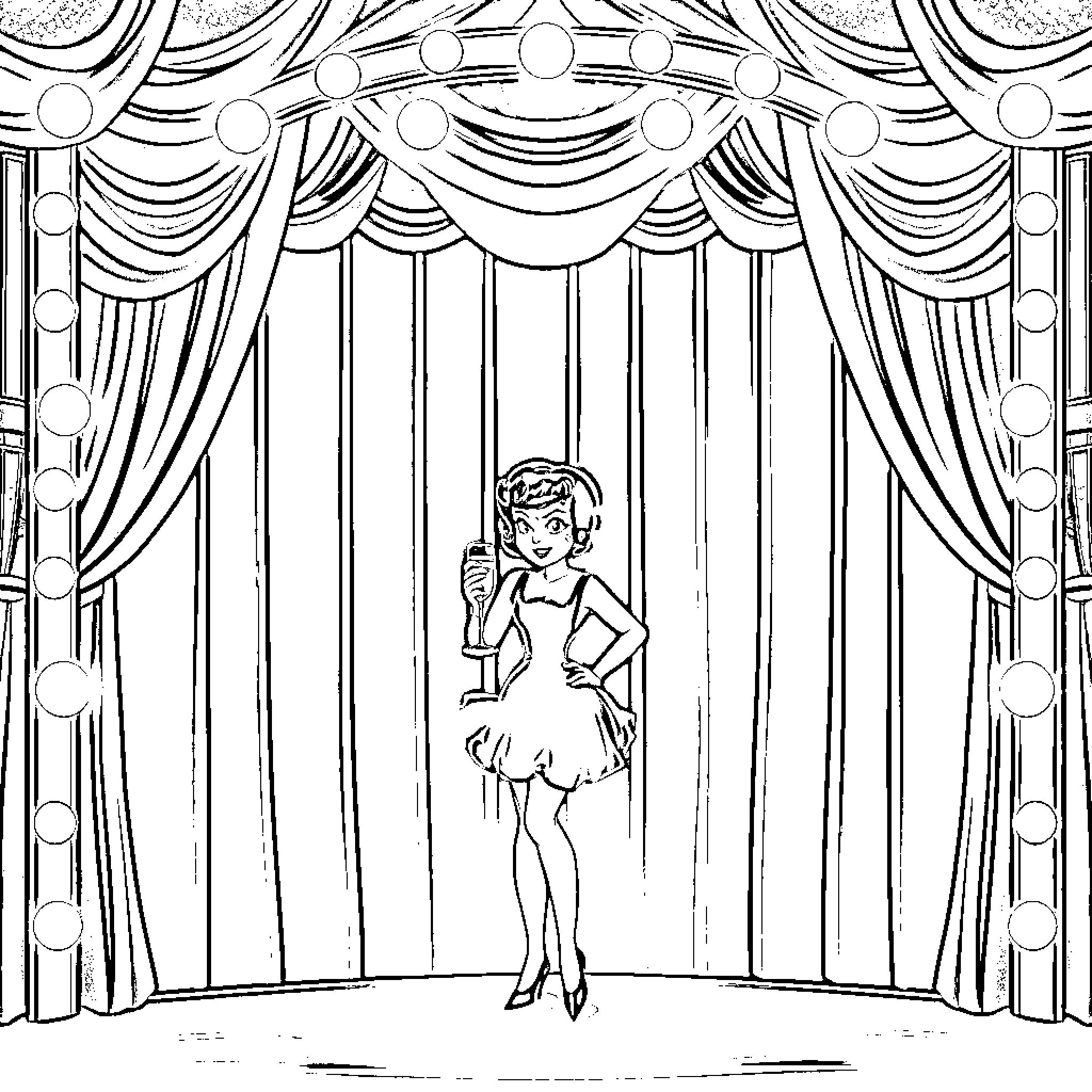 Lucy's Theatrical Debut on the Stage Coloring Page (free black-and-white line drawing printable PDF for all, from beginners to advanced learners, including children, teens, adults, and seniors)