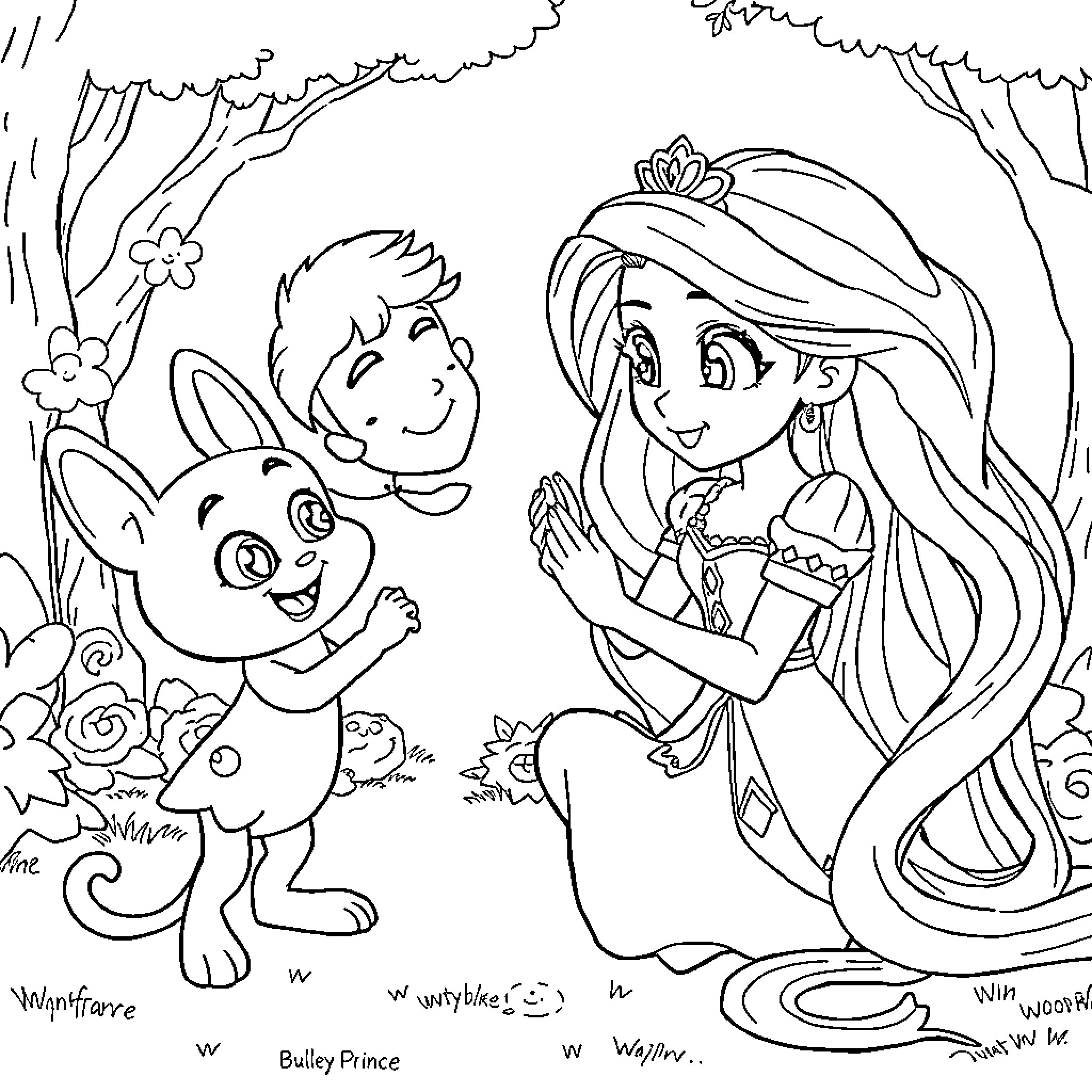 Bluey and the Princess in the Woods Coloring Page (free black-and-white line drawing printable PDF for all, from beginners to advanced learners, including children, teens, adults, and seniors)