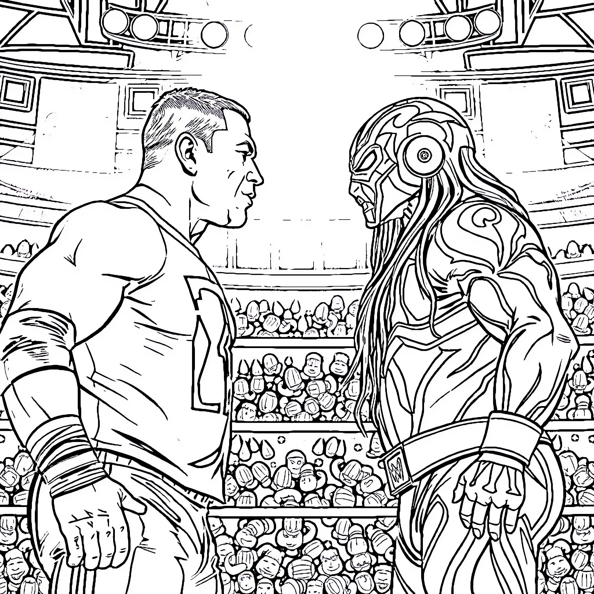 Wrestler Confronts Mechanical Opponent in Arena Coloring Page (free black-and-white line drawing printable PDF for all, from beginners to advanced learners, including children, teens, adults, and seniors)