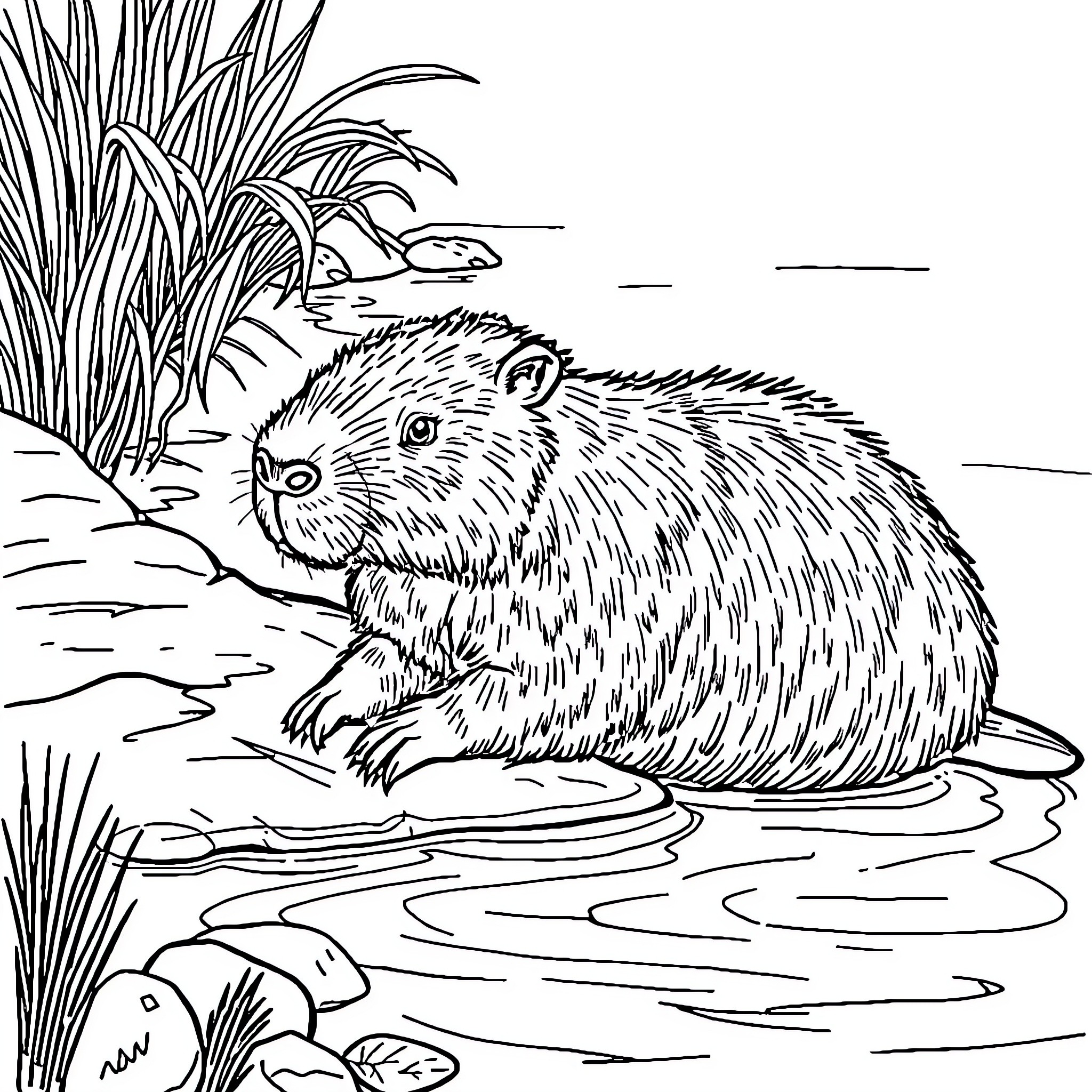 Capybara enjoying a relaxing swim in the pond Coloring Page (free black-and-white line drawing printable PDF for all, from beginners to advanced learners, including children, teens, adults, and seniors)
