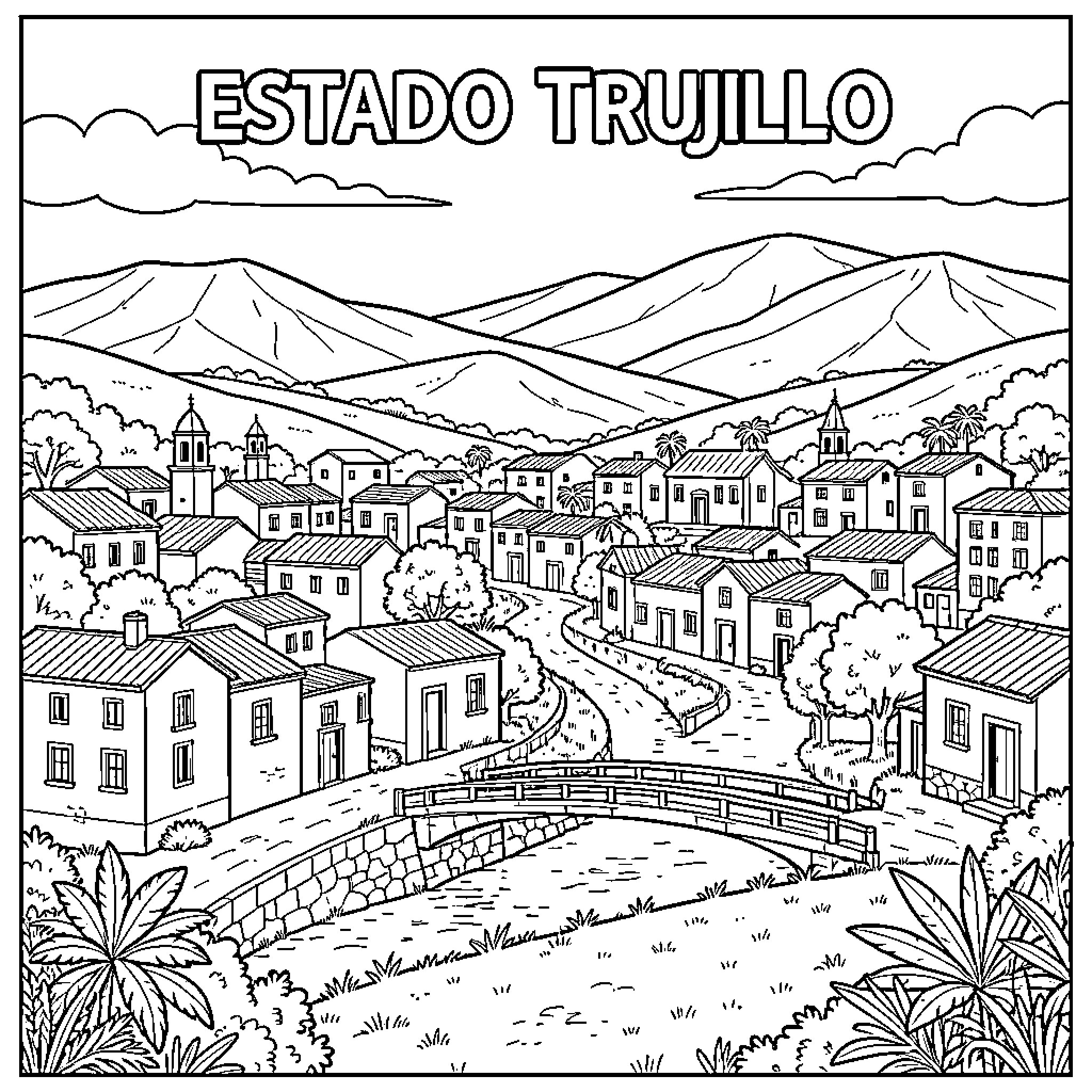 Trujillo scenic landscape featuring a village and bridge Coloring Page (free black-and-white line drawing printable PDF for all, from beginners to advanced learners, including children, teens, adults, and seniors)