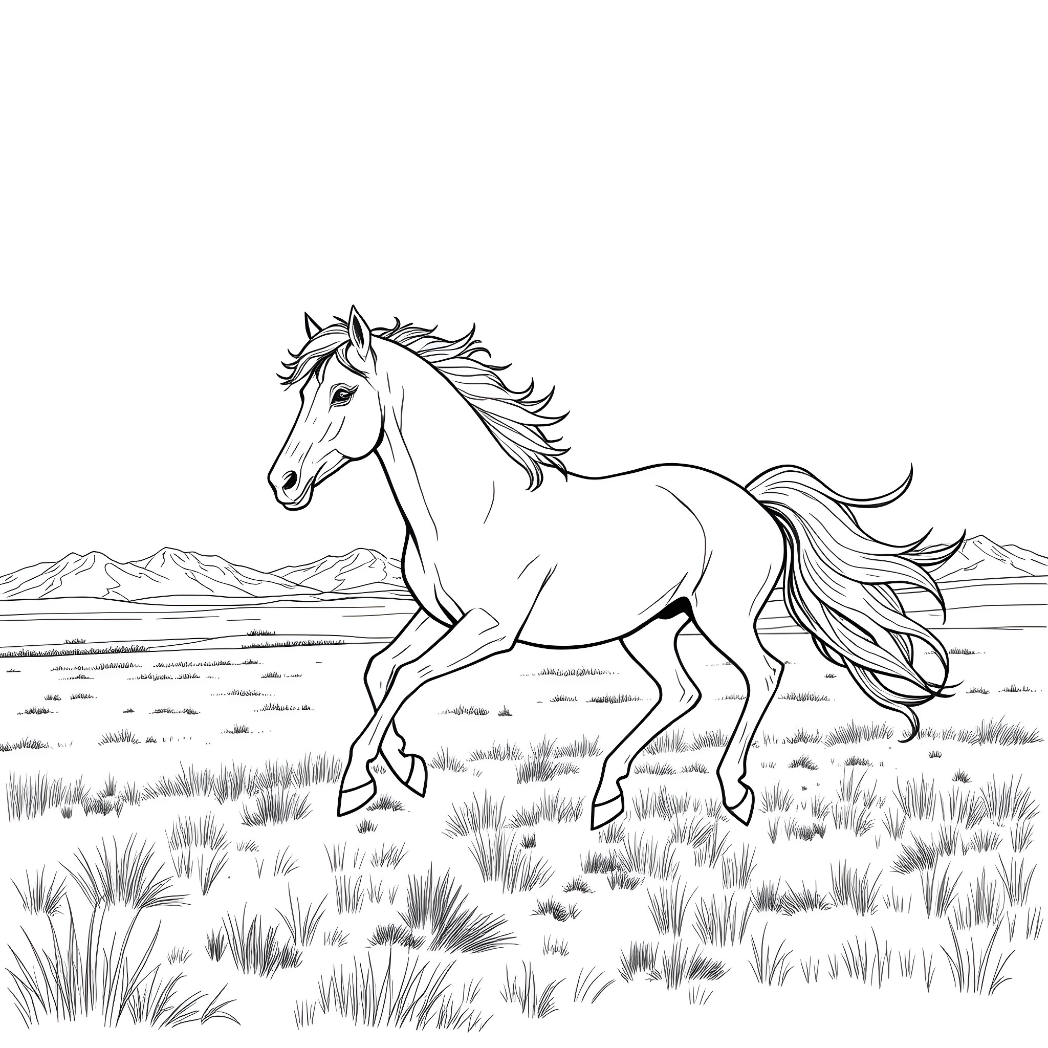 Horse running freely in the wild landscape Coloring Page (free black-and-white line drawing printable PDF for all, from beginners to advanced learners, including children, teens, adults, and seniors)