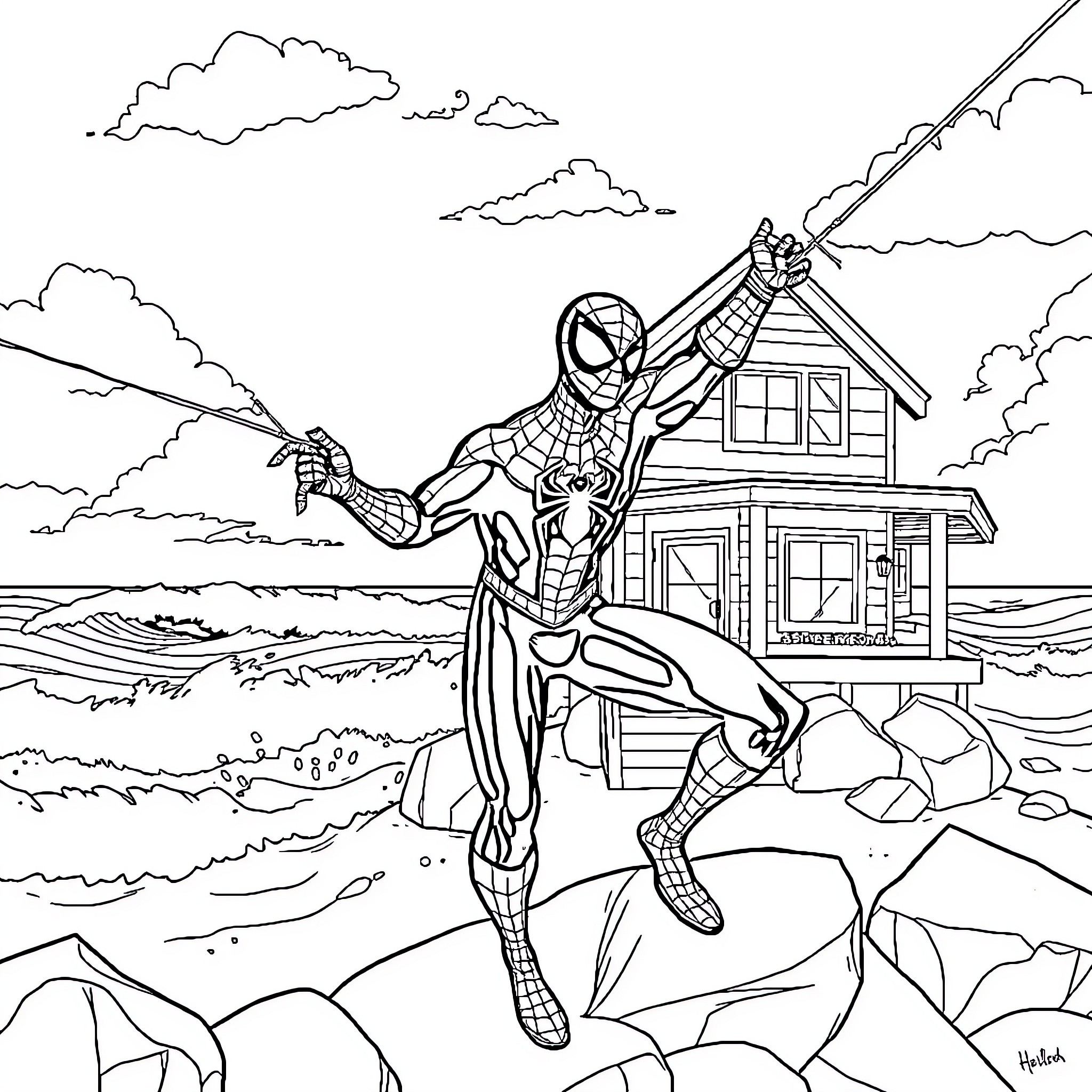 Spider-Man swinging through the city on a mission Coloring Page (free black-and-white line drawing printable PDF for all, from beginners to advanced learners, including children, teens, adults, and seniors)