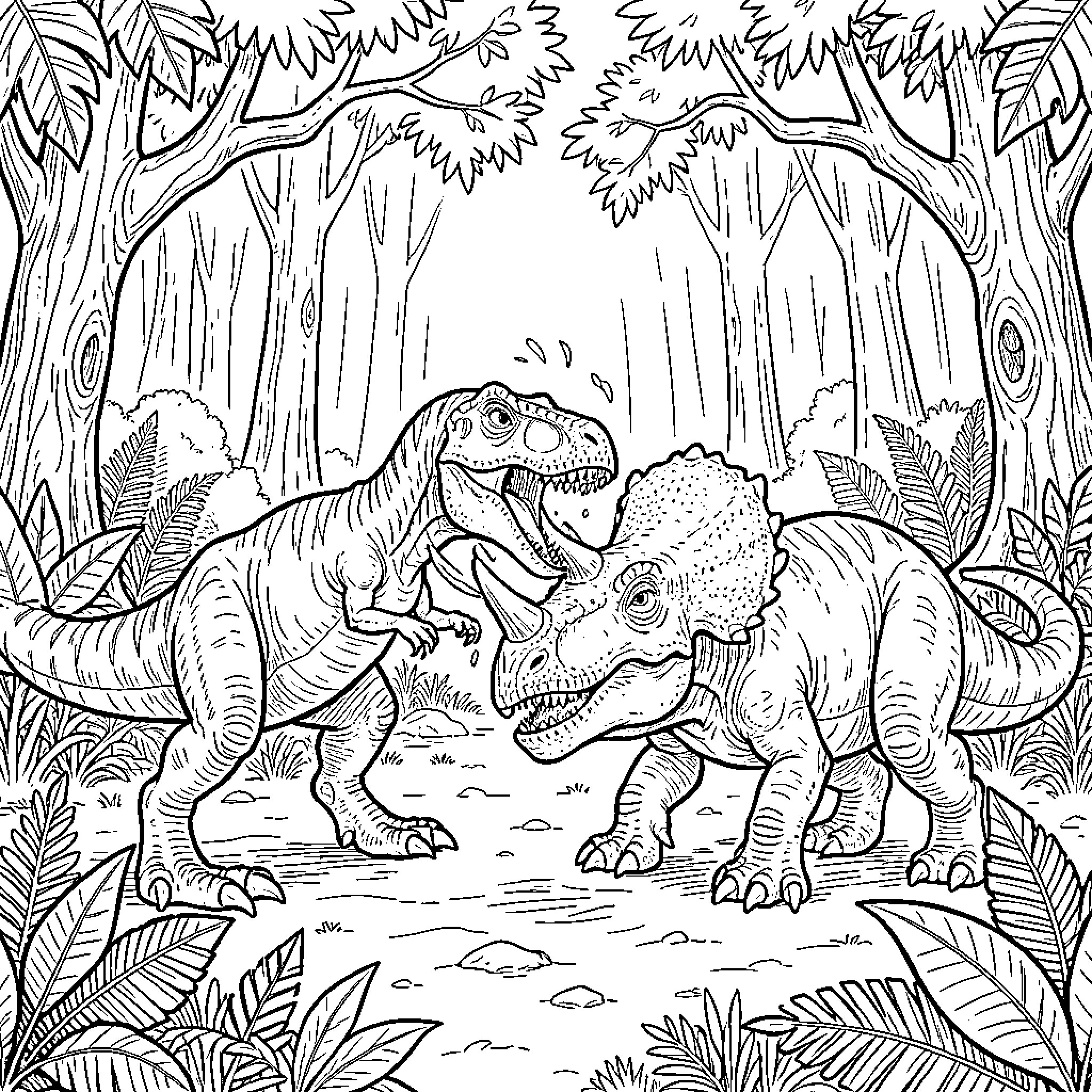 Velociraptor confronting a triceratops in a dense jungle Coloring Page (free black-and-white line drawing printable PDF for all, from beginners to advanced learners, including children, teens, adults, and seniors)
