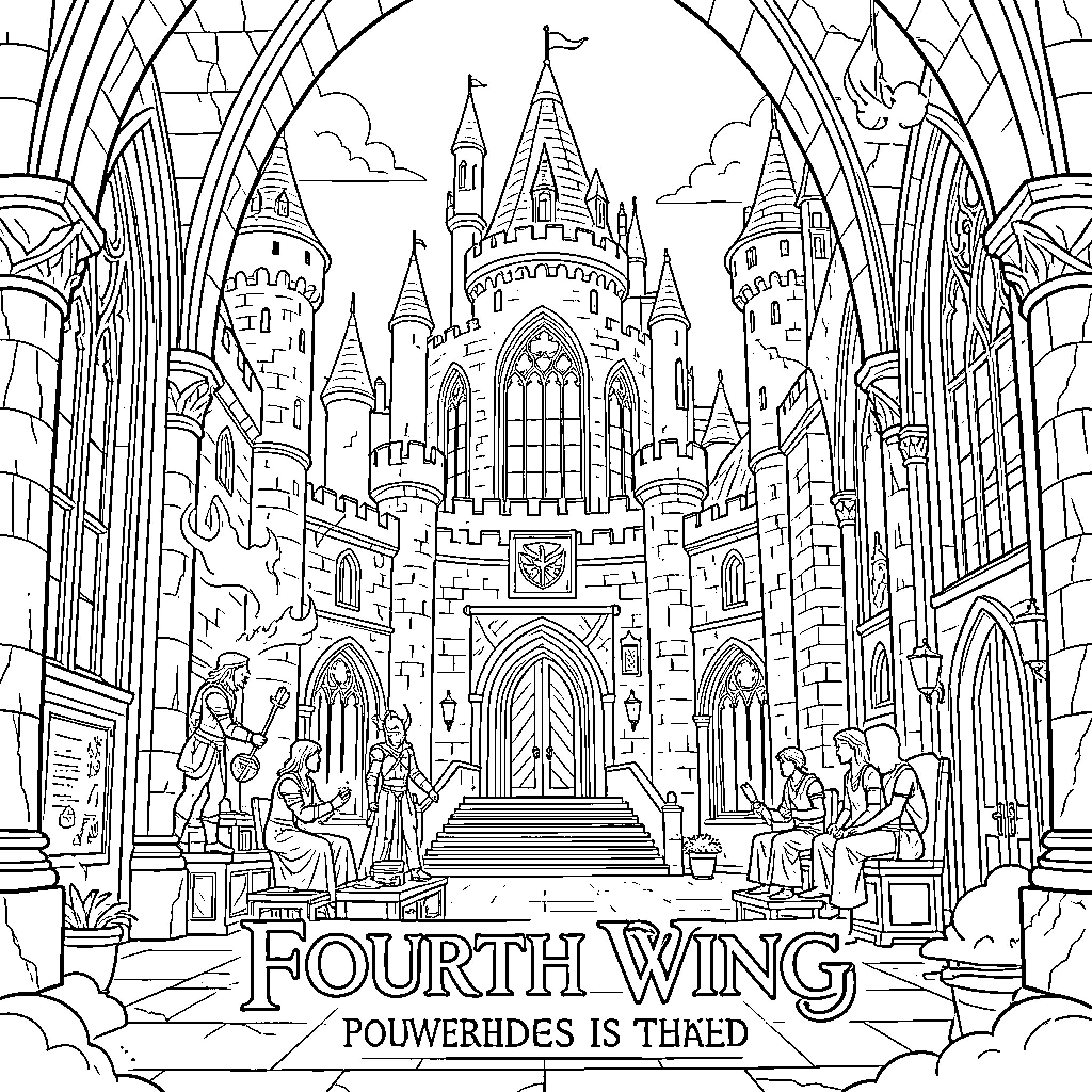 Winged fantasy castle with figures in the courtyard Coloring Page (free black-and-white line drawing printable PDF for all, from beginners to advanced learners, including children, teens, adults, and seniors)