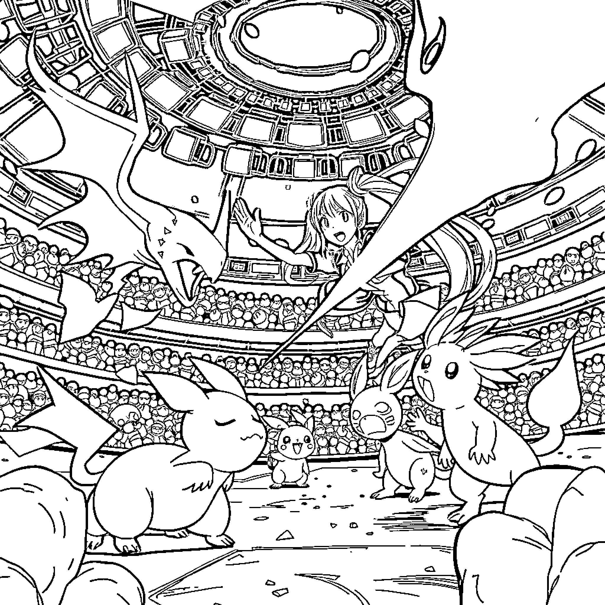 Hatsune Miku surrounded by whimsical creatures in a fantastical scene Coloring Page (free black-and-white line drawing printable PDF for all, from beginners to advanced learners, including children, teens, adults, and seniors)