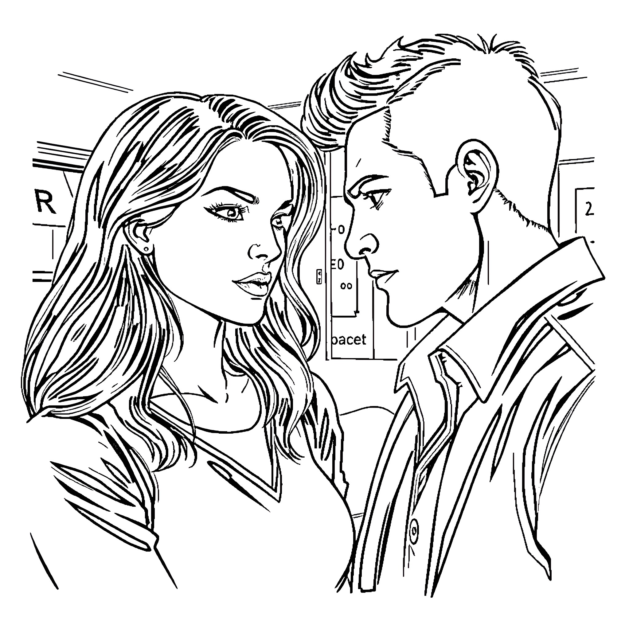 Woman in intimate moment with man Coloring Page (free black-and-white line drawing printable PDF for all, from beginners to advanced learners, including children, teens, adults, and seniors)