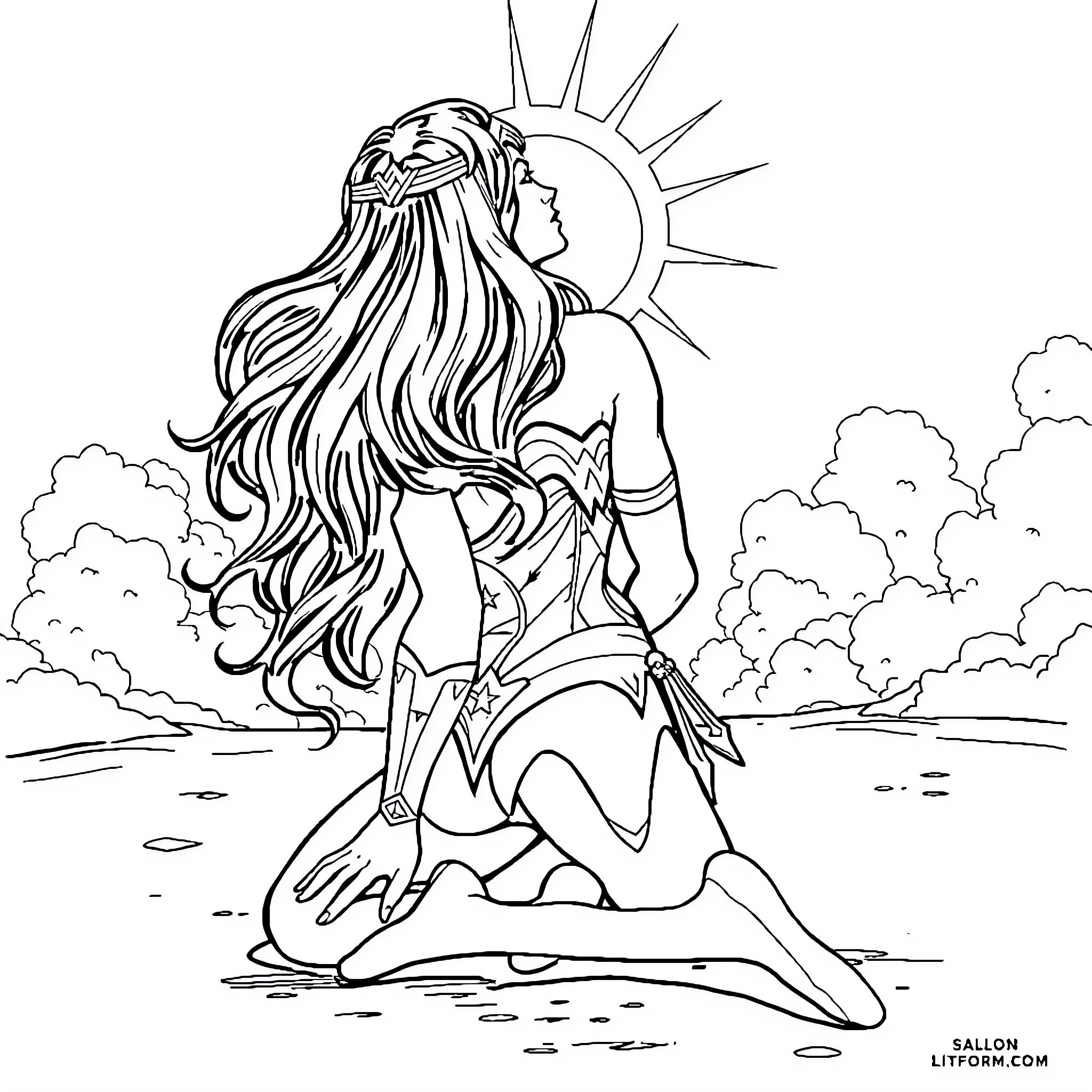 Wonder Woman heroically standing against the sun Coloring Page (free black-and-white line drawing printable PDF for all, from beginners to advanced learners, including children, teens, adults, and seniors)