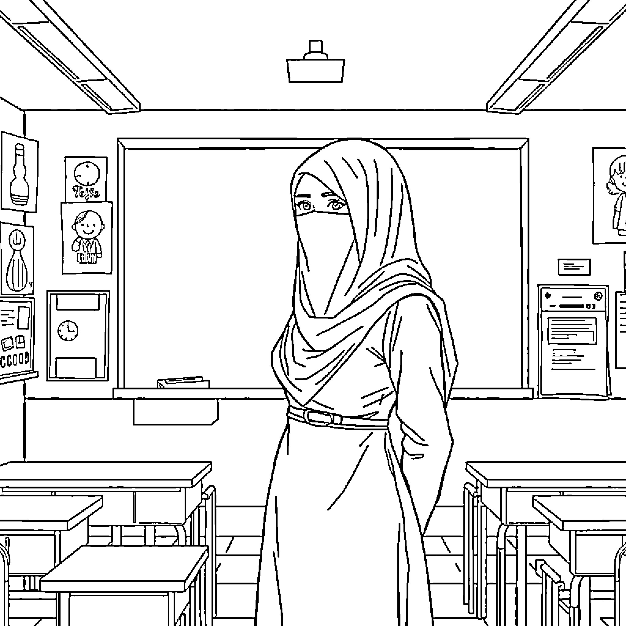 Teacher leading classroom in traditional attire Coloring Page (free black-and-white line drawing printable PDF for all, from beginners to advanced learners, including children, teens, adults, and seniors)