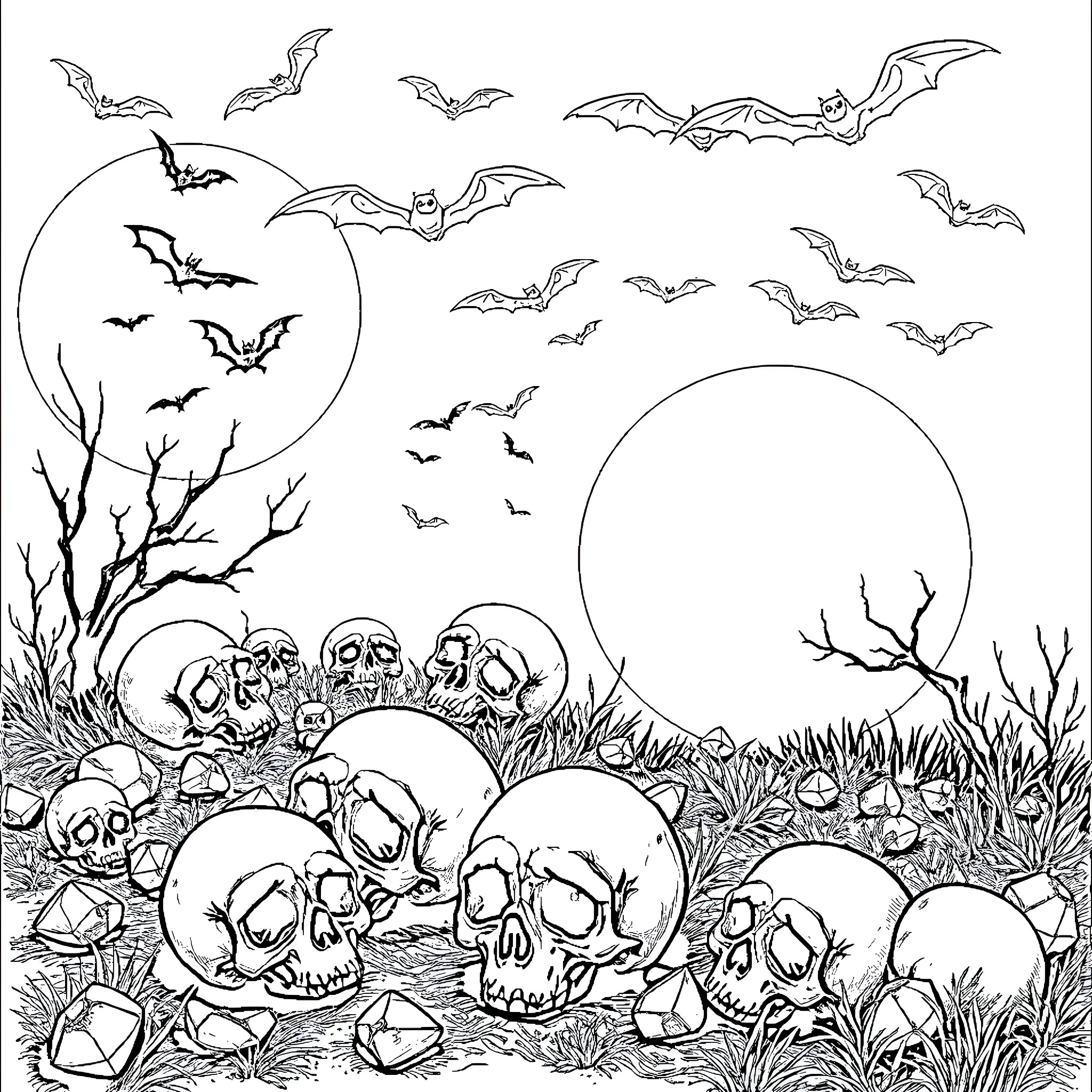 Skull Assemblage with Bats in Moonlit Night Coloring Page (free black-and-white line drawing printable PDF for all, from beginners to advanced learners, including children, teens, adults, and seniors)