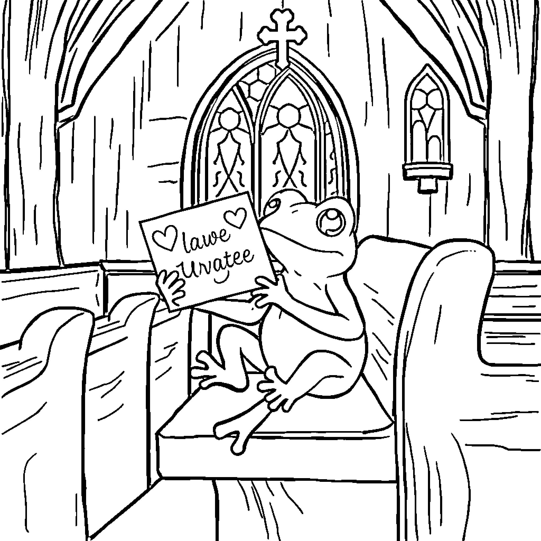 Frog holding sign praying in a church Coloring Page (free black-and-white line drawing printable PDF for all, from beginners to advanced learners, including children, teens, adults, and seniors)
