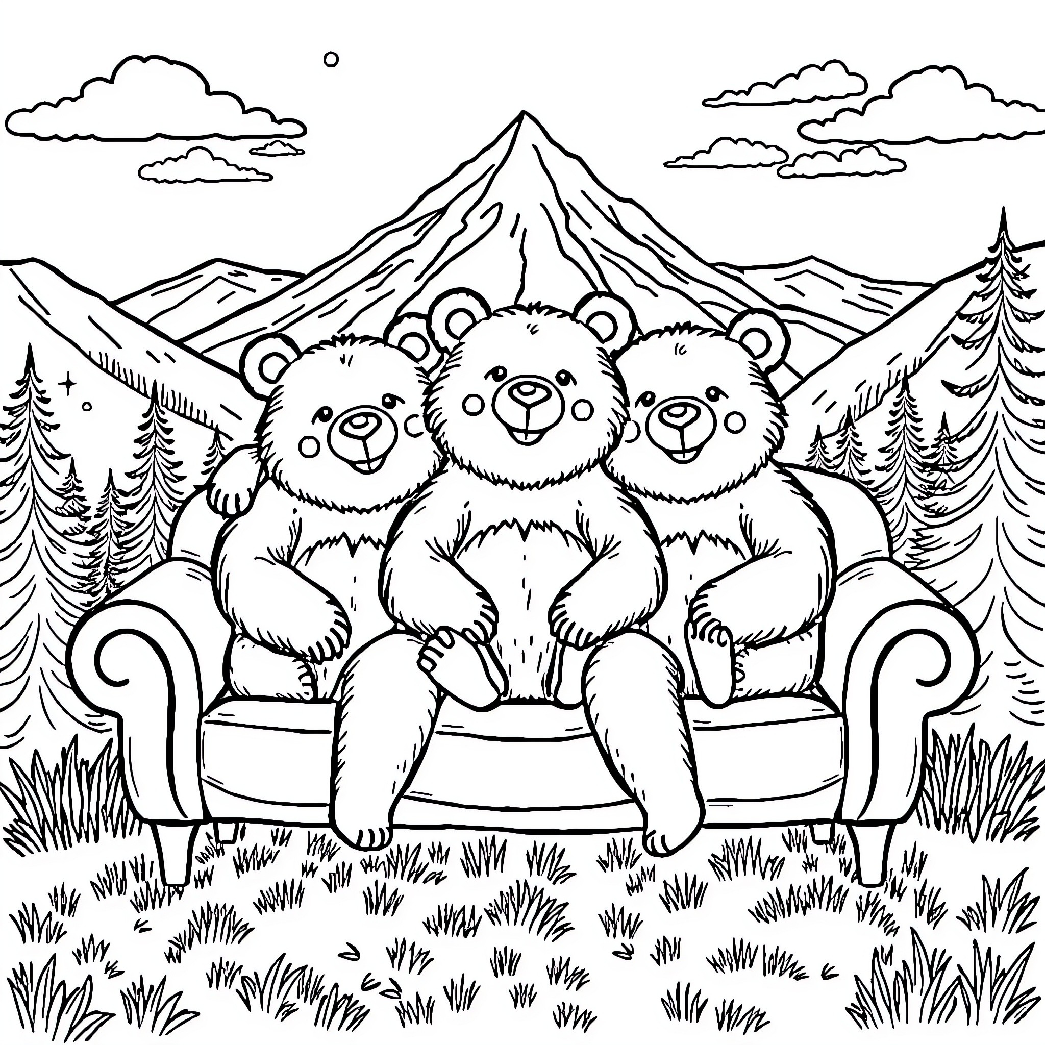 Bear friends relaxing on a bench in the mountains Coloring Page (free black-and-white line drawing printable PDF for all, from beginners to advanced learners, including children, teens, adults, and seniors)
