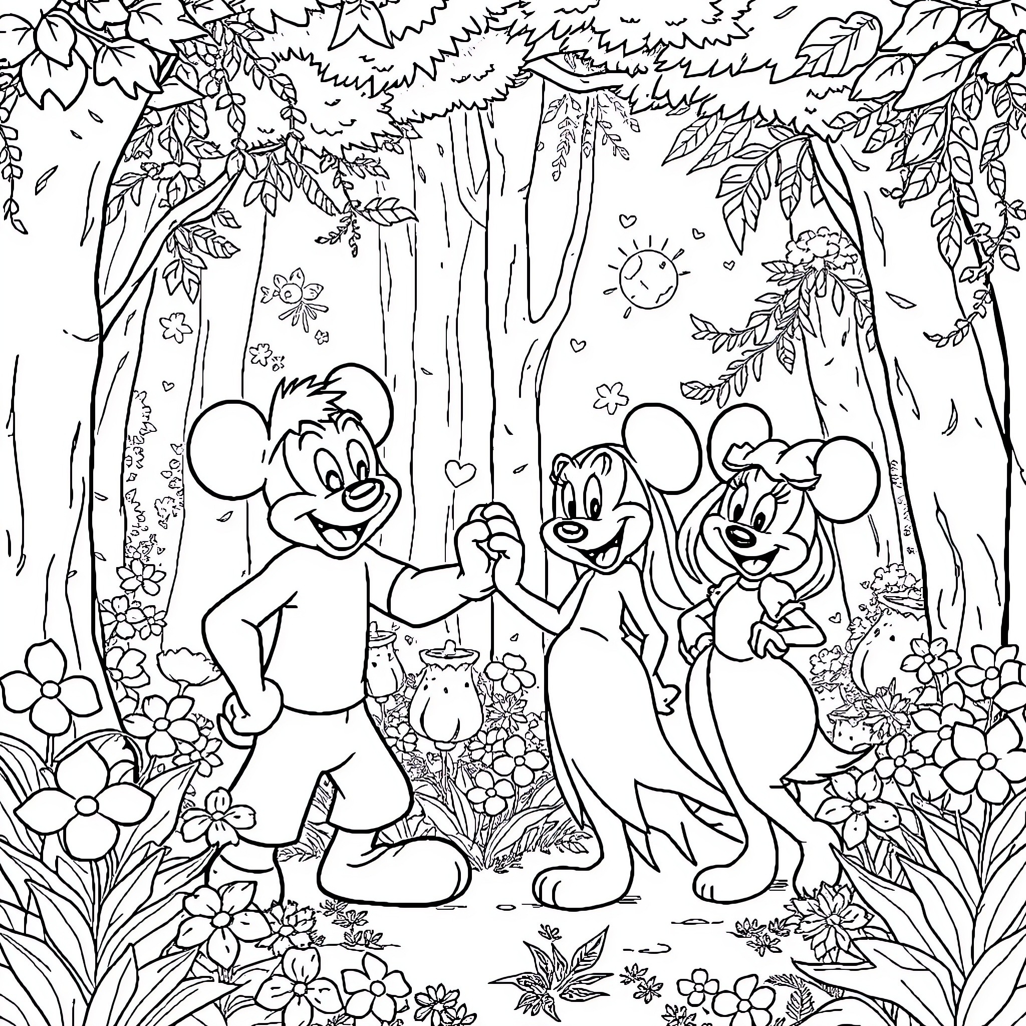 Disney Characters Enjoying Nature in a Vibrant Forest Scene Coloring Page (free black-and-white line drawing printable PDF for all, from beginners to advanced learners, including children, teens, adults, and seniors)