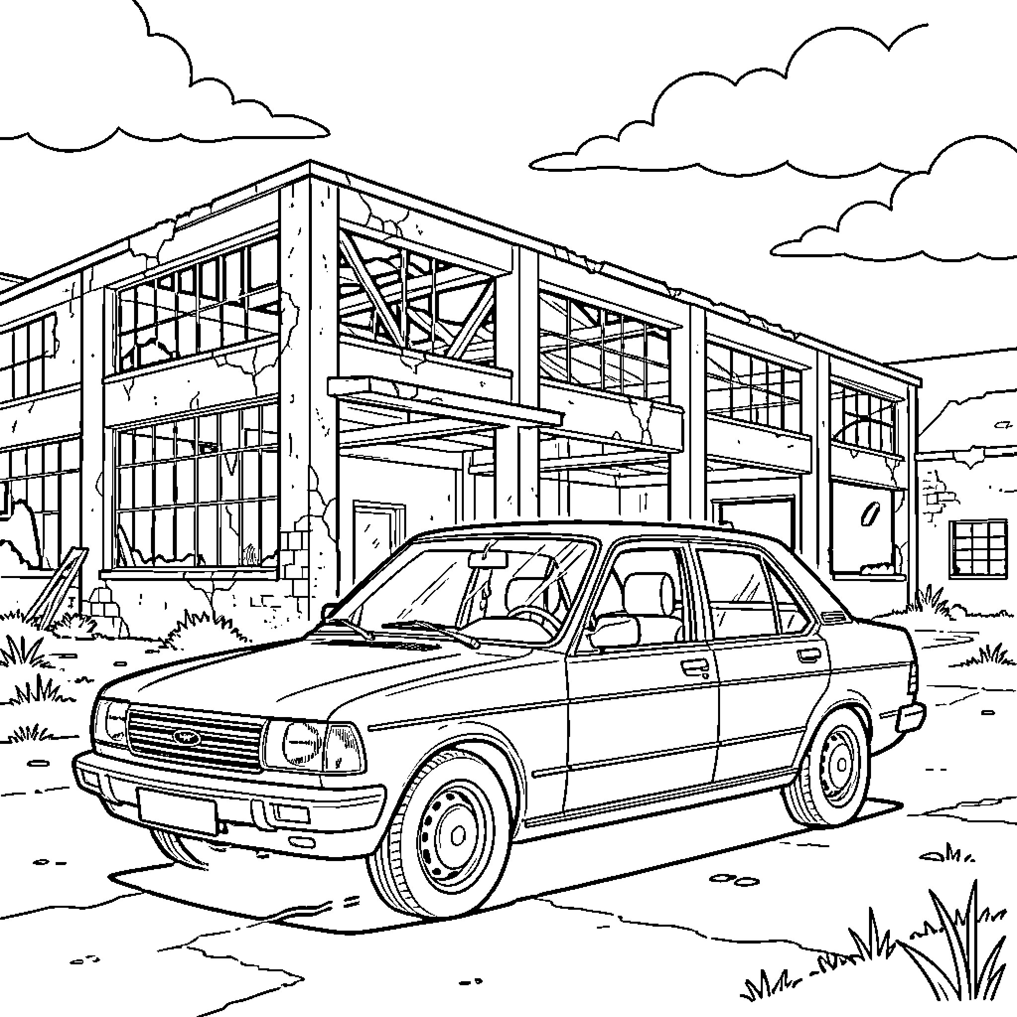 Ford Taunus parked in front of a ruined building Coloring Page (free black-and-white line drawing printable PDF for all, from beginners to advanced learners, including children, teens, adults, and seniors)