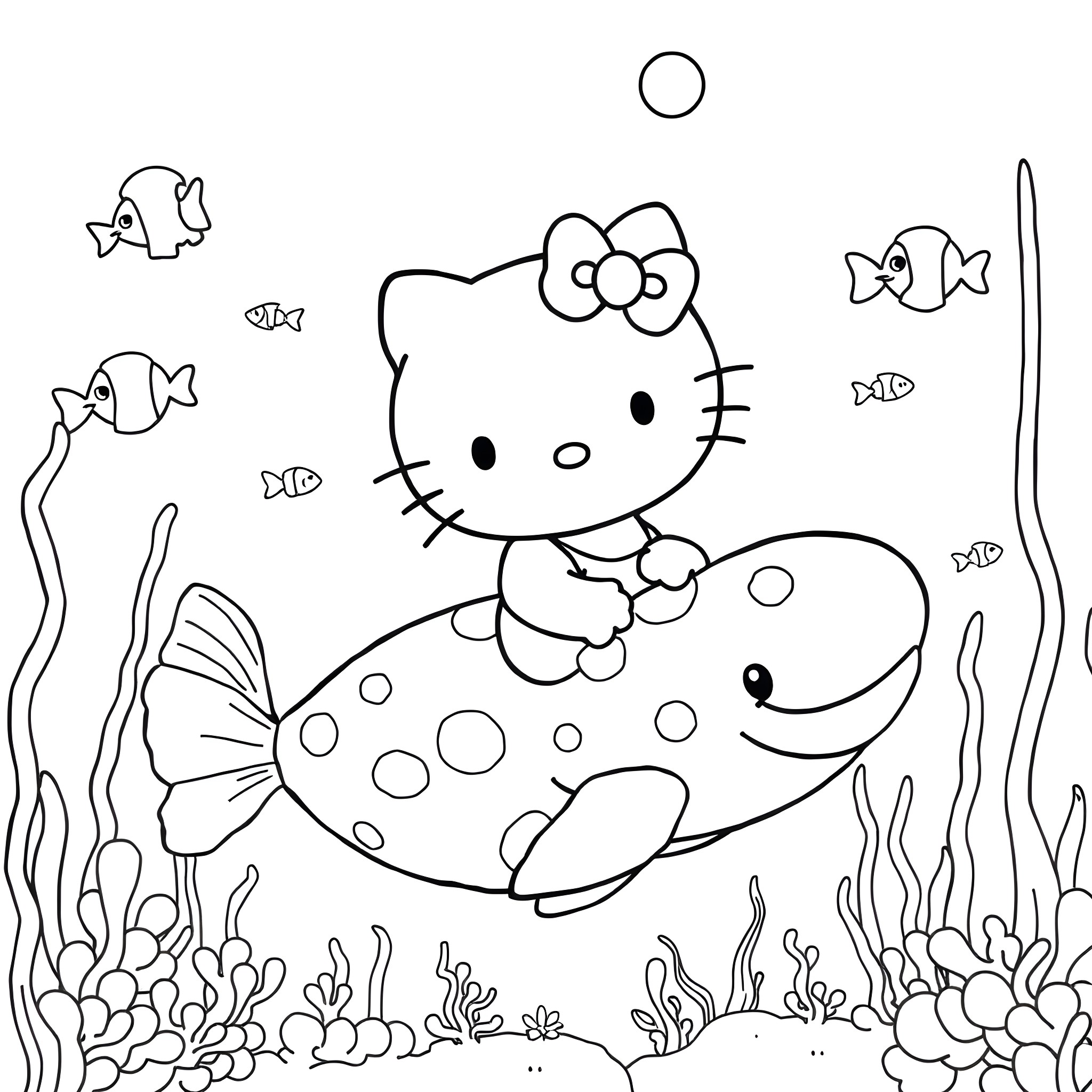 Hello Kitty relaxing on a spotted fish in the ocean Coloring Page (free black-and-white line drawing printable PDF for all, from beginners to advanced learners, including children, teens, adults, and seniors)