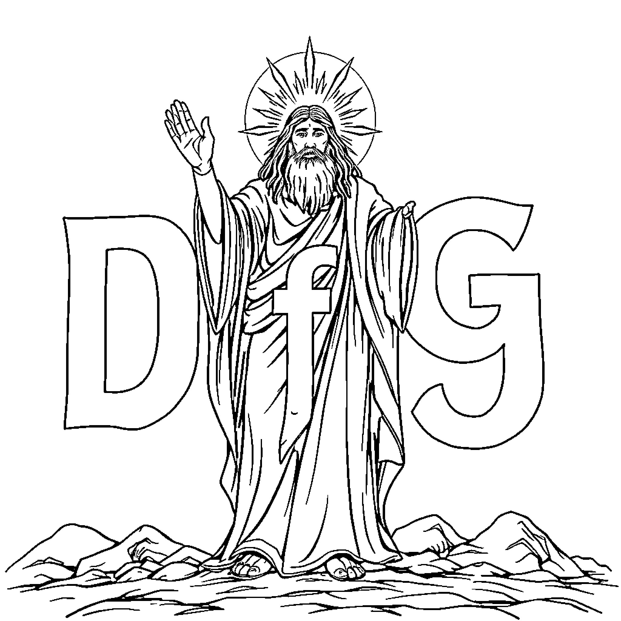 God's Benevolent Figure Blesses the Faithful Coloring Page (free black-and-white line drawing printable PDF for all, from beginners to advanced learners, including children, teens, adults, and seniors)