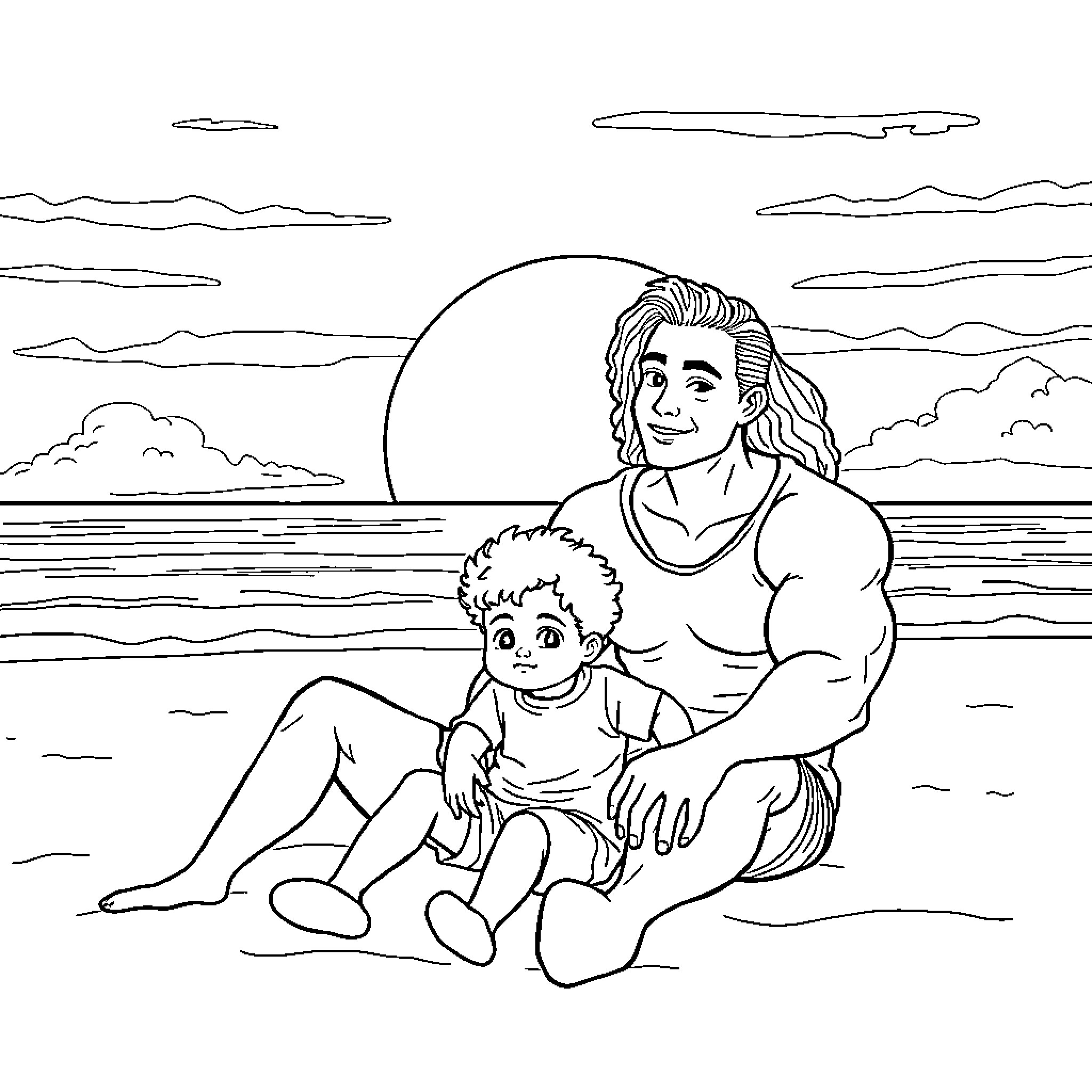 Family Bonding at the Beach Coloring Page (free black-and-white line drawing printable PDF for all, from beginners to advanced learners, including children, teens, adults, and seniors)