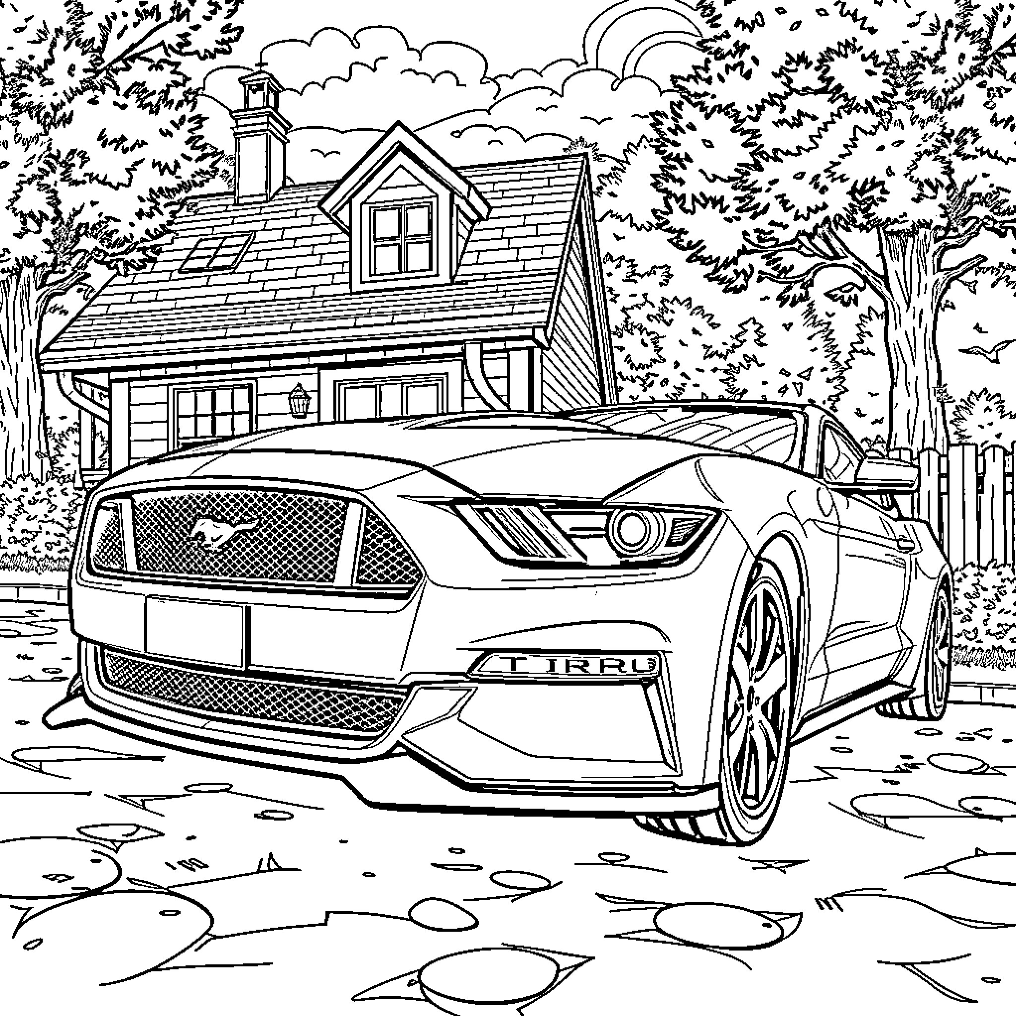 Ford Mustang parked in front of a countryside house Coloring Page (free black-and-white line drawing printable PDF for all, from beginners to advanced learners, including children, teens, adults, and seniors)