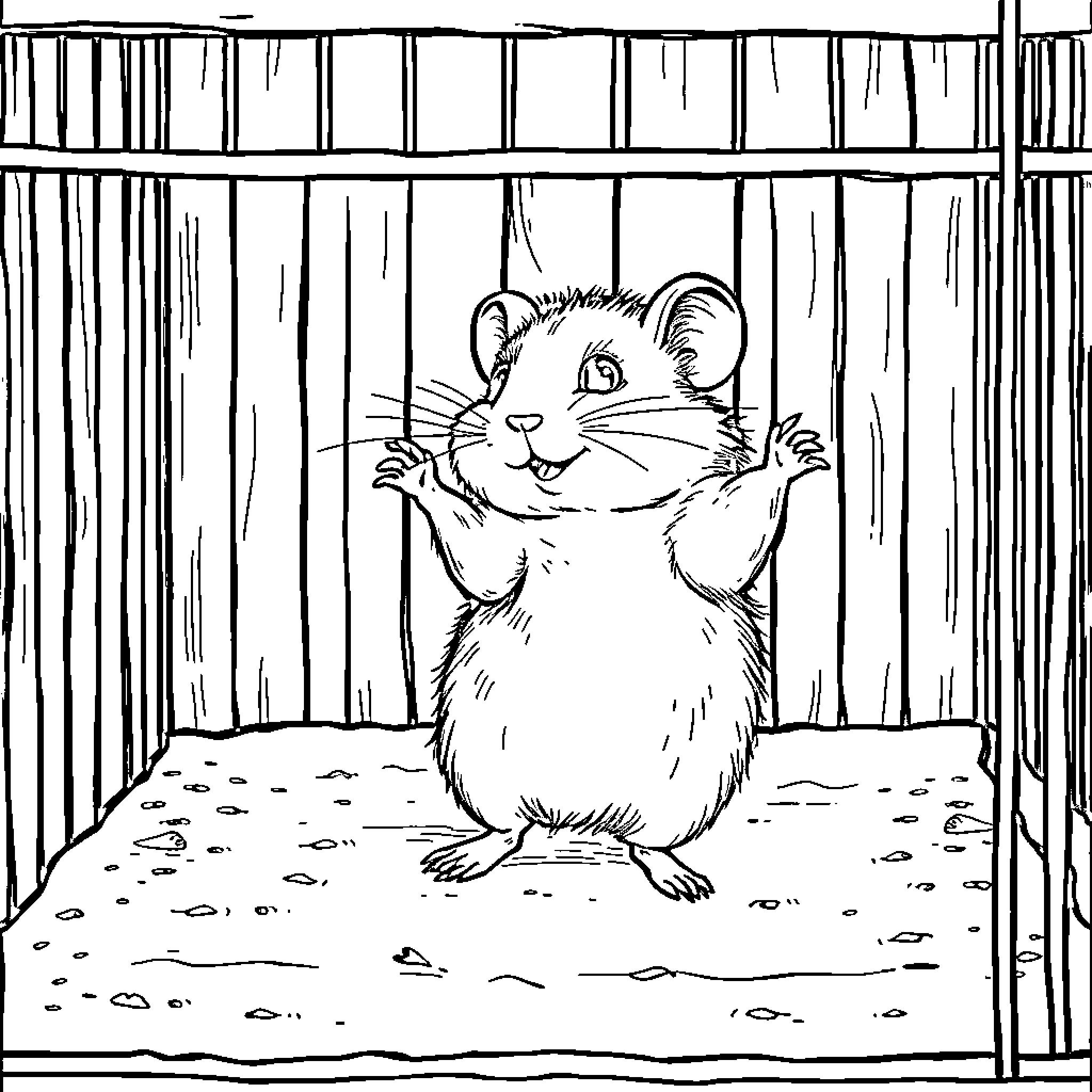 Hamster peeking through the fence Coloring Page (free black-and-white line drawing printable PDF for all, from beginners to advanced learners, including children, teens, adults, and seniors)