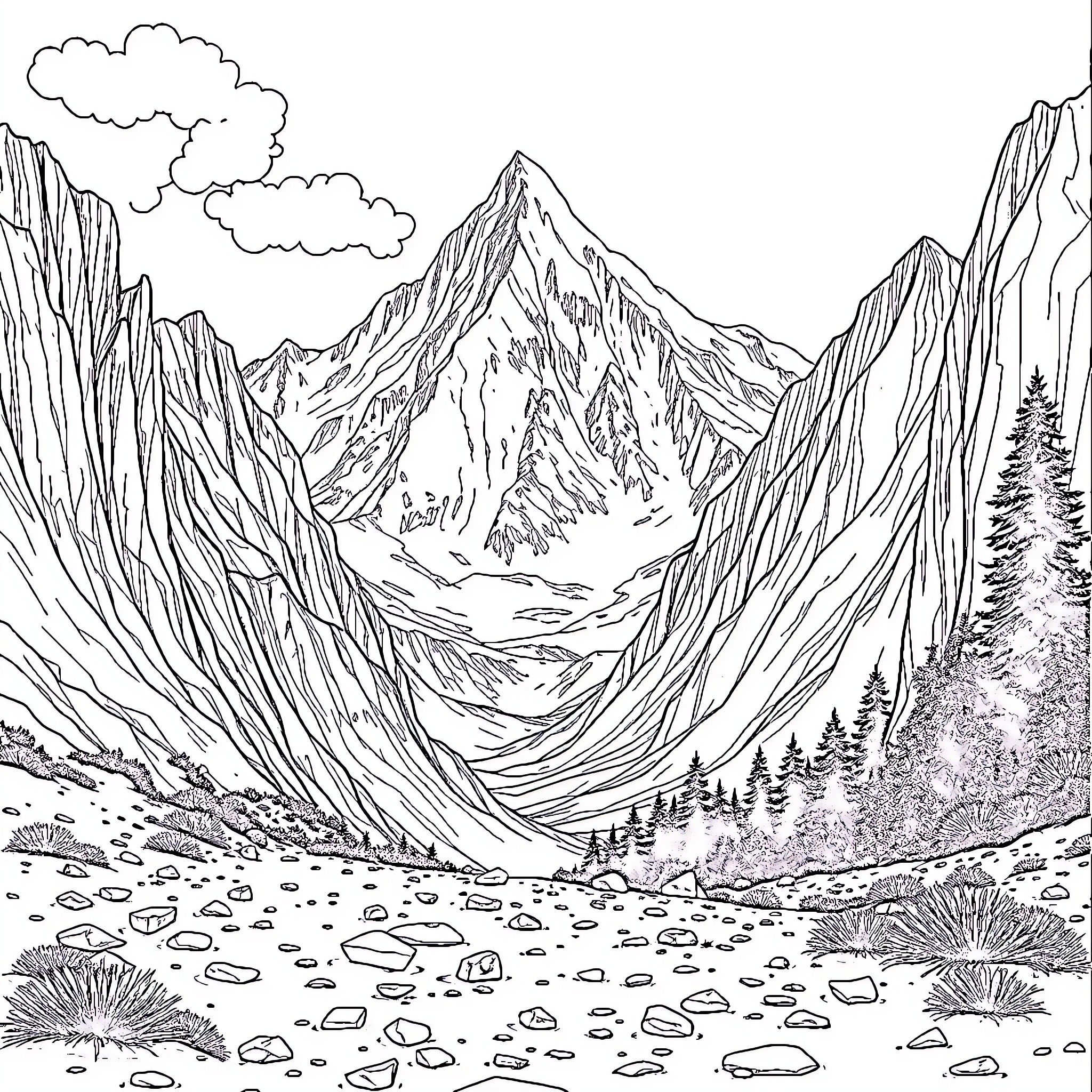 Skeleton Landscape of Majestic Mountains and Valleys Coloring Page (free black-and-white line drawing printable PDF for all, from beginners to advanced learners, including children, teens, adults, and seniors)