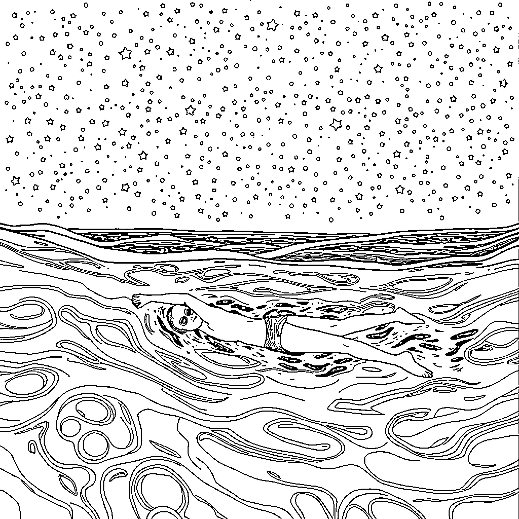 Swimmer gliding through the wavy night sky Coloring Page (free black-and-white line drawing printable PDF for all, from beginners to advanced learners, including children, teens, adults, and seniors)