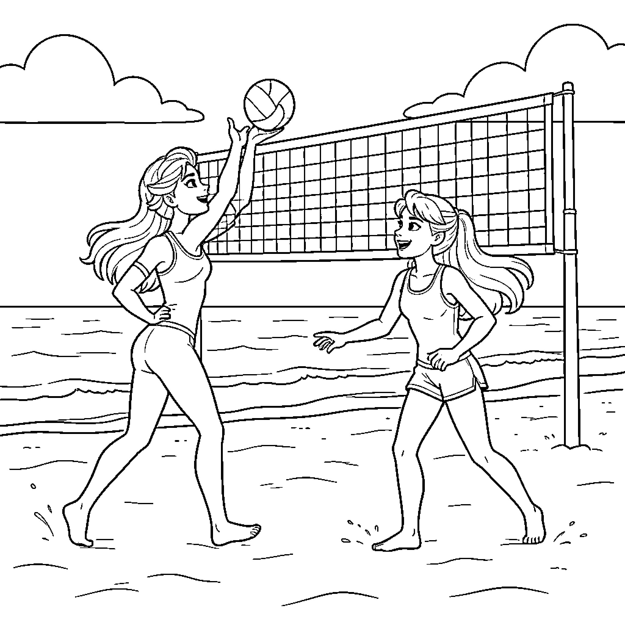 Elsa playing beach volleyball with a friend Coloring Page (free black-and-white line drawing printable PDF for all, from beginners to advanced learners, including children, teens, adults, and seniors)