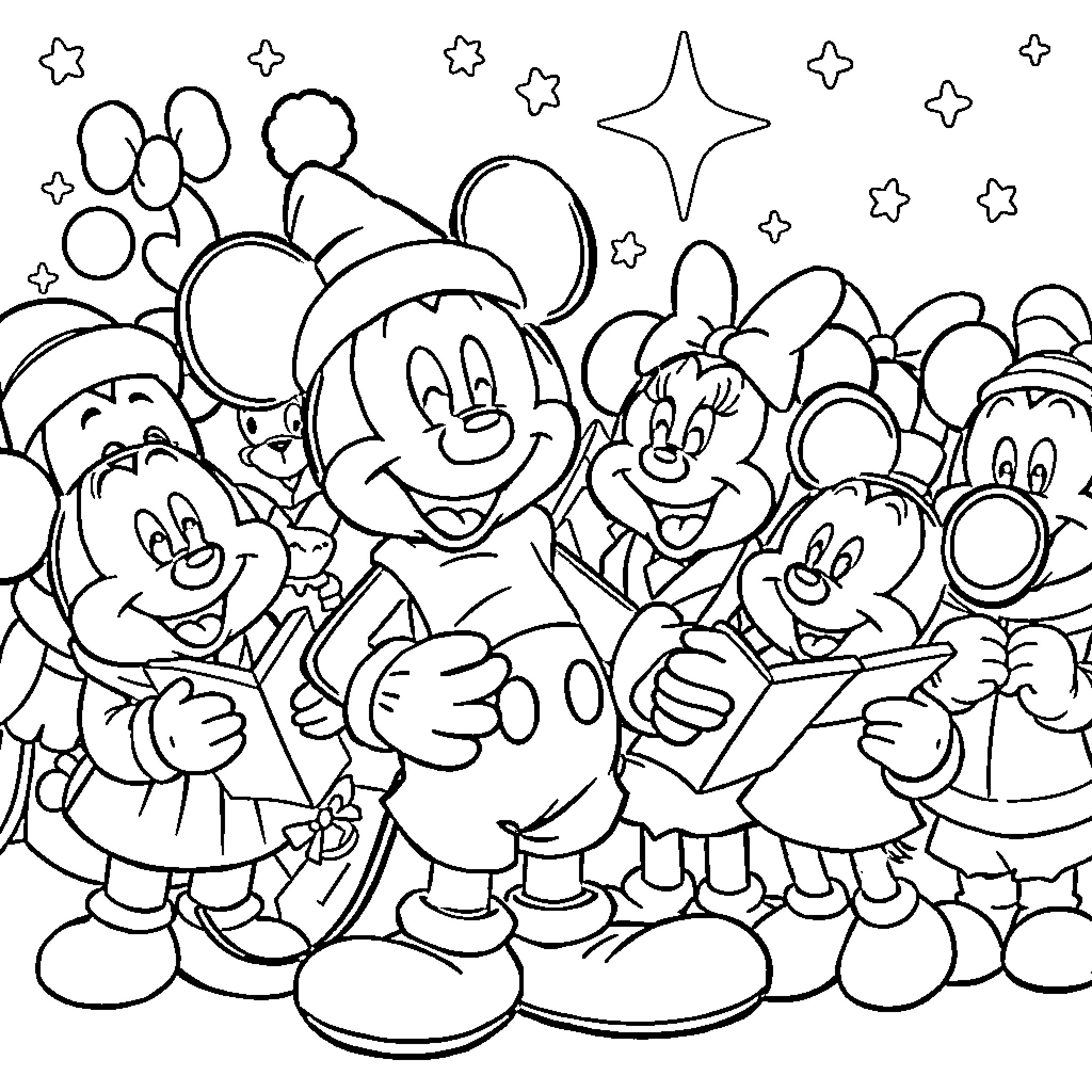 Mickey Mouse and friends in a fun and lively scene Coloring Page (free black-and-white line drawing printable PDF for all, from beginners to advanced learners, including children, teens, adults, and seniors)