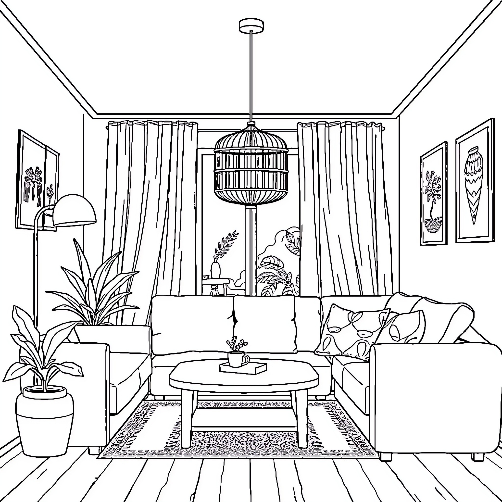 Interior scene with cozy furniture and decor Coloring Page (free black-and-white line drawing printable PDF for all, from beginners to advanced learners, including children, teens, adults, and seniors)