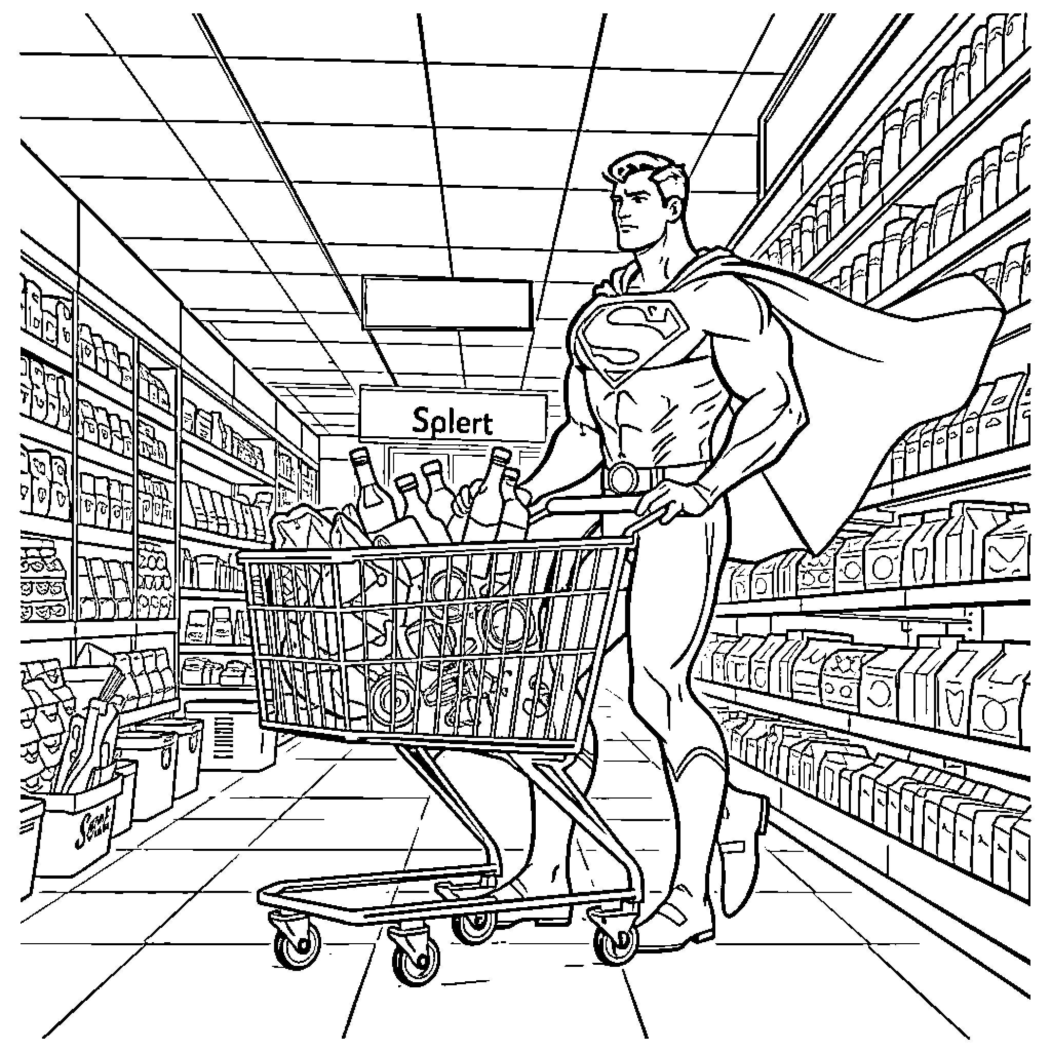 Superman shopping for groceries in the supermarket Coloring Page (free black-and-white line drawing printable PDF for all, from beginners to advanced learners, including children, teens, adults, and seniors)