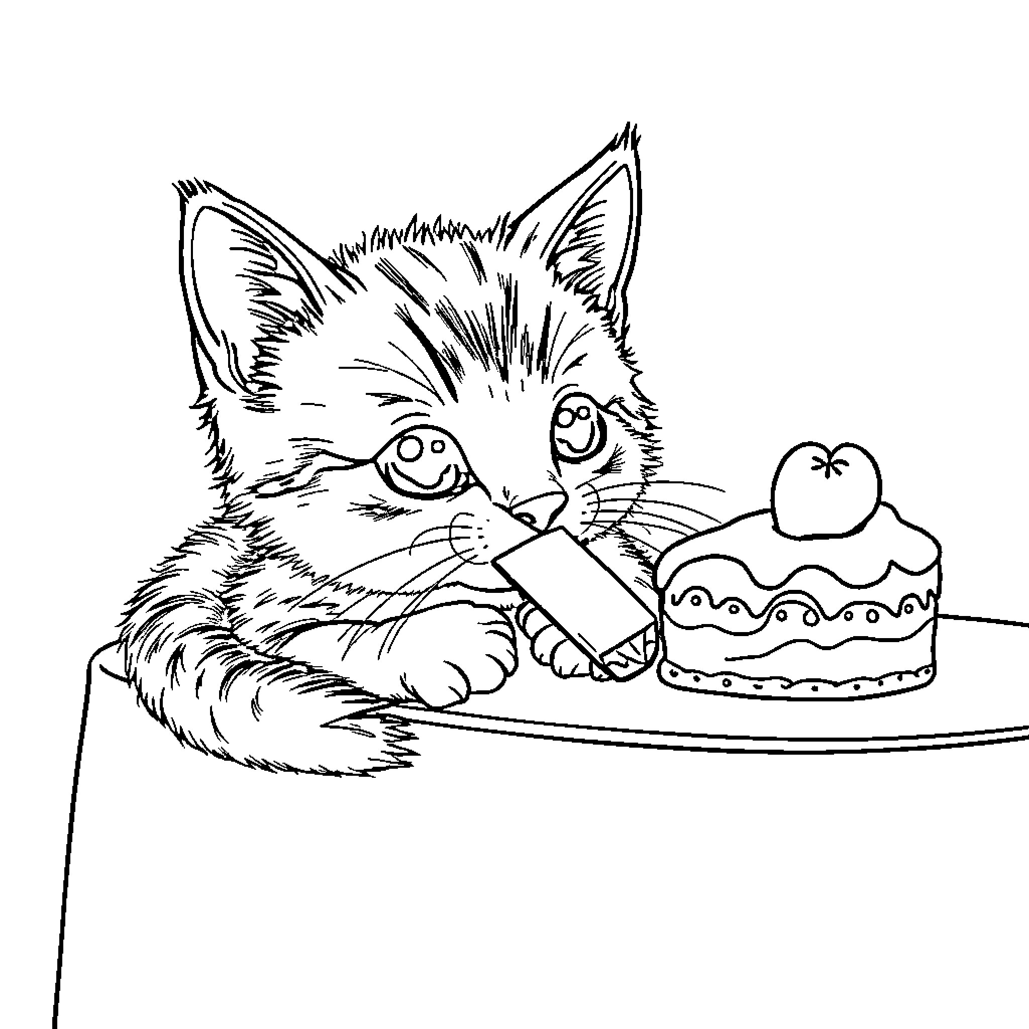 Cat inspecting a decorated cake Coloring Page (free black-and-white line drawing printable PDF for all, from beginners to advanced learners, including children, teens, adults, and seniors)