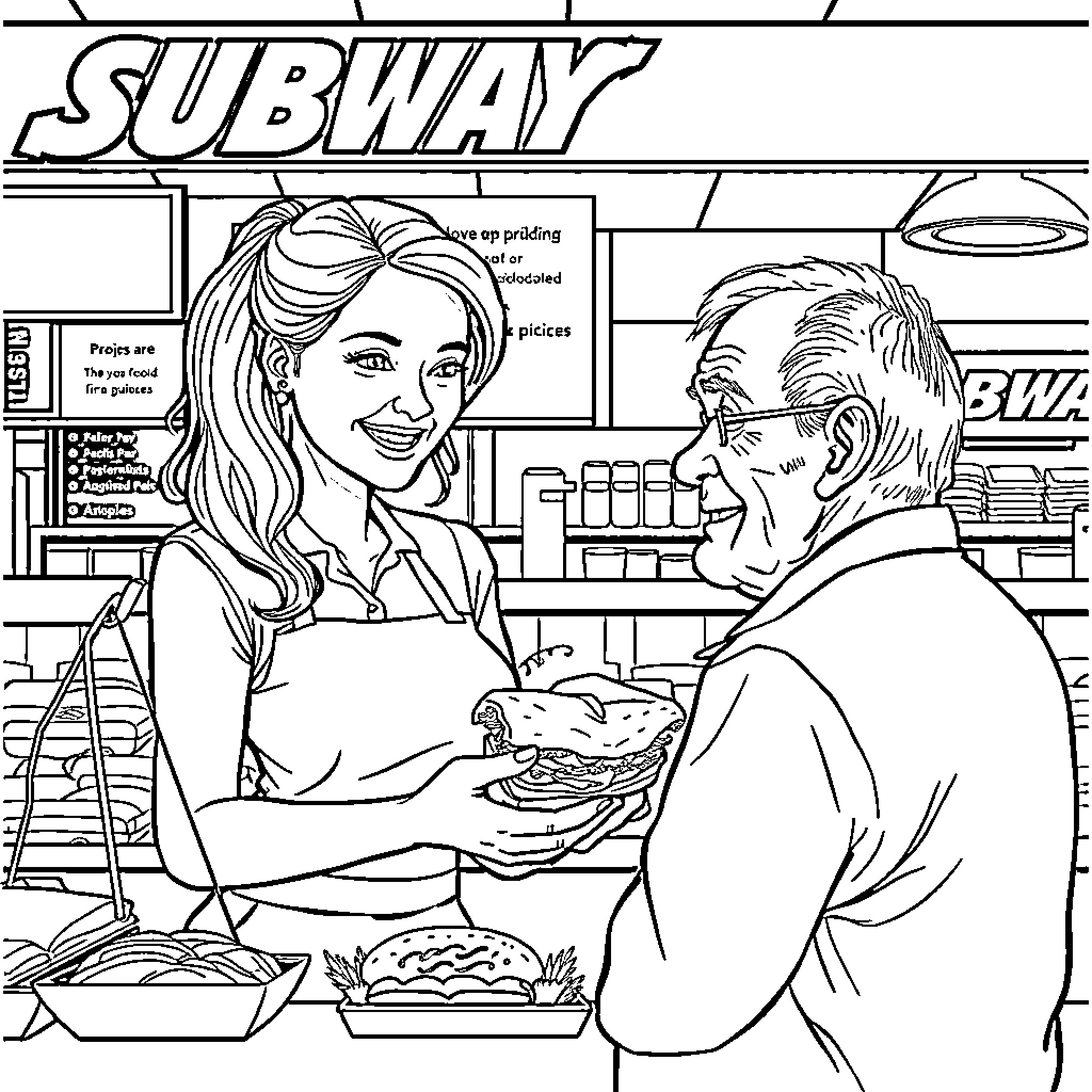 Wife serving sandwich to husband at subway shop Coloring Page (free black-and-white line drawing printable PDF for all, from beginners to advanced learners, including children, teens, adults, and seniors)