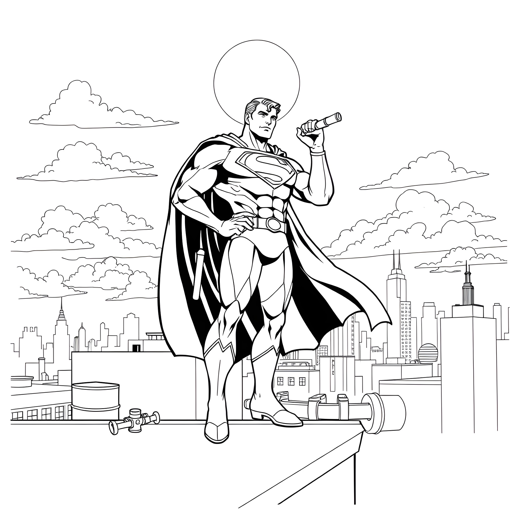 Superman in heroic pose overlooking the city Coloring Page (free black-and-white line drawing printable PDF for all, from beginners to advanced learners, including children, teens, adults, and seniors)