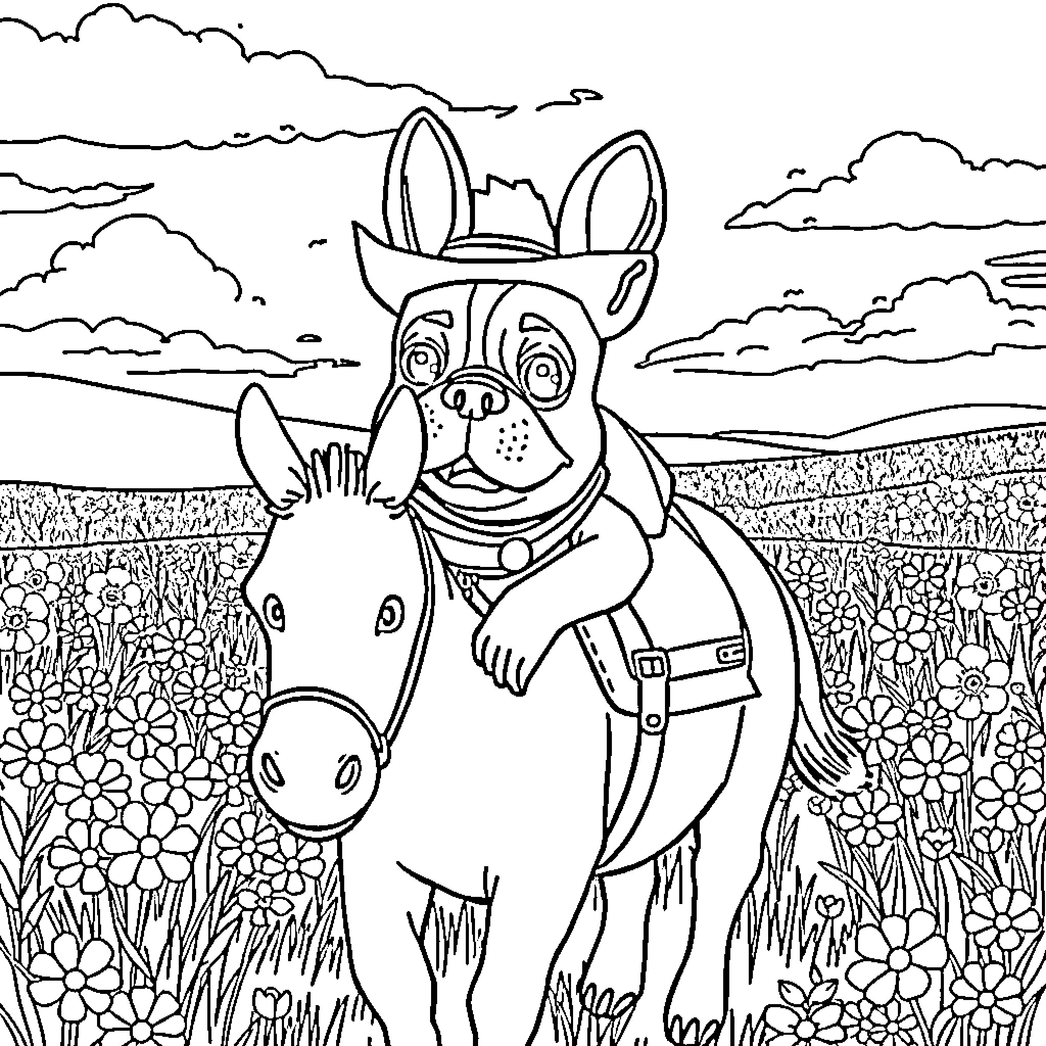 Dog exploring the grassy field with a horse Coloring Page (free black-and-white line drawing printable PDF for all, from beginners to advanced learners, including children, teens, adults, and seniors)